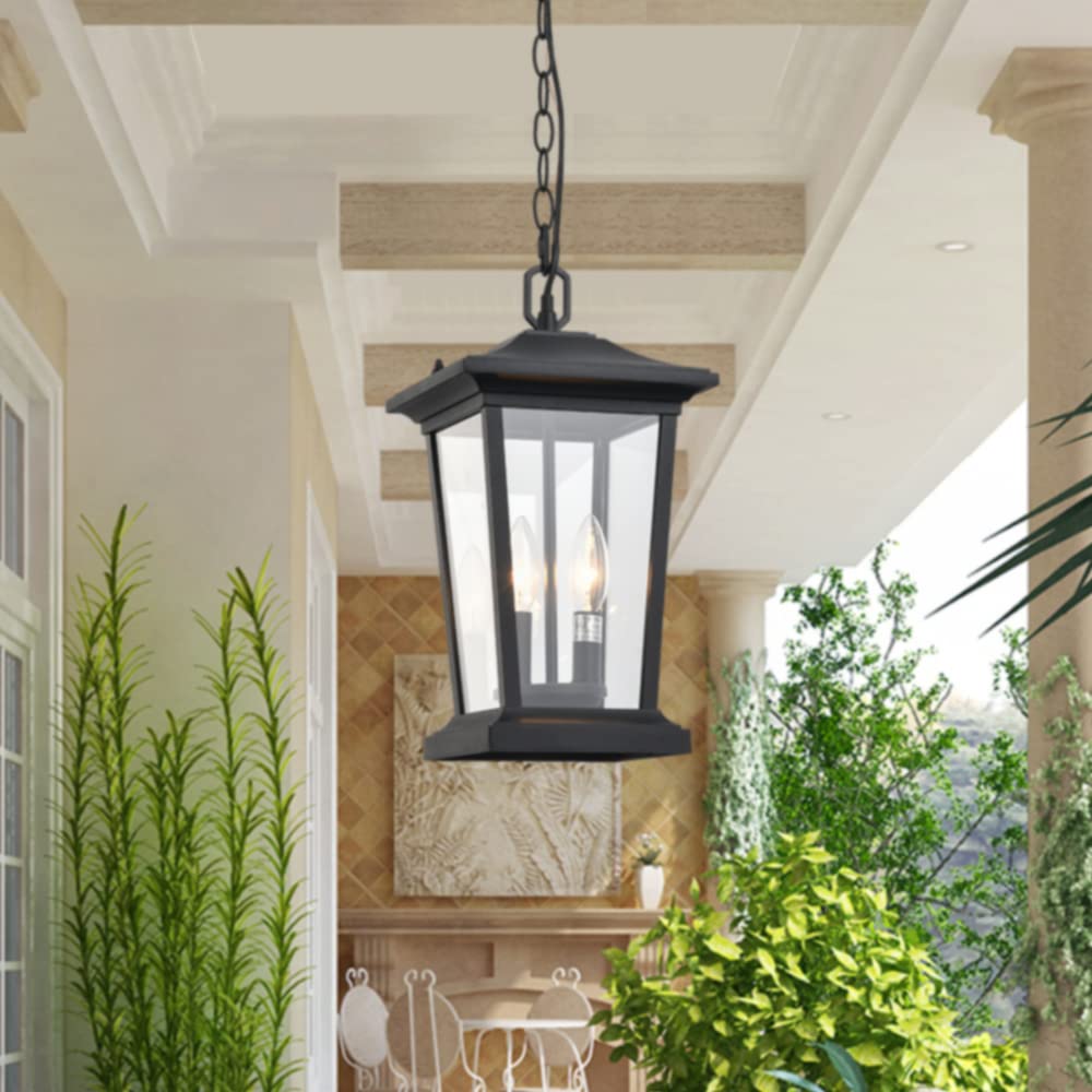 Modern Matte Black Outdoor Pendant Light - 2-Light Exterior Hanging Lantern with Clear Glass for Porch, Patio & Garden Lighting | Weather-Resistant & Stylish Design