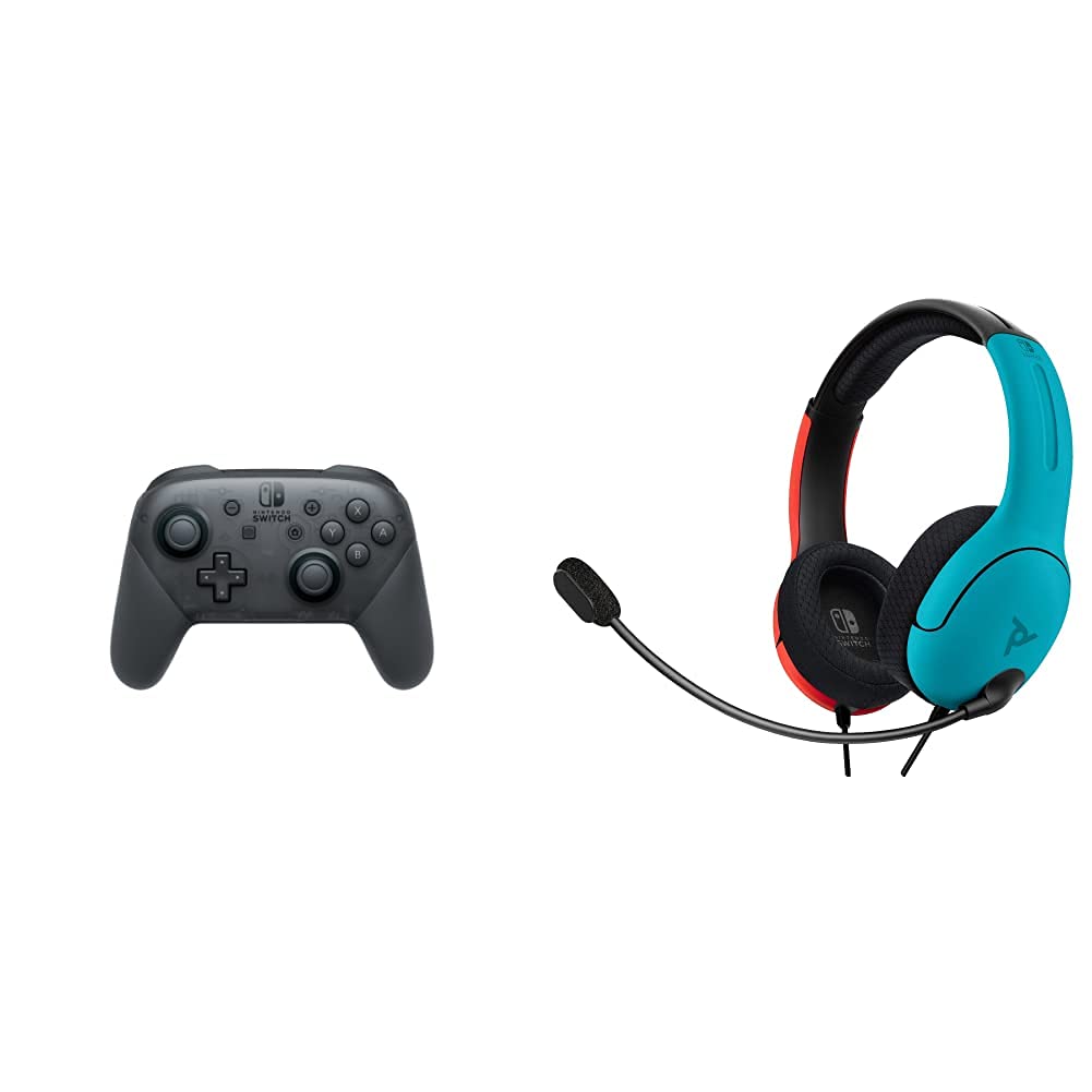 Nintendo Switch Pro Controller with PDP LVL40 Wired Stereo Gaming Headset - Compatible with NS Joy-Con (Blue/Red) - Perfect for Multiplayer Gaming & Immersive Play Sessions