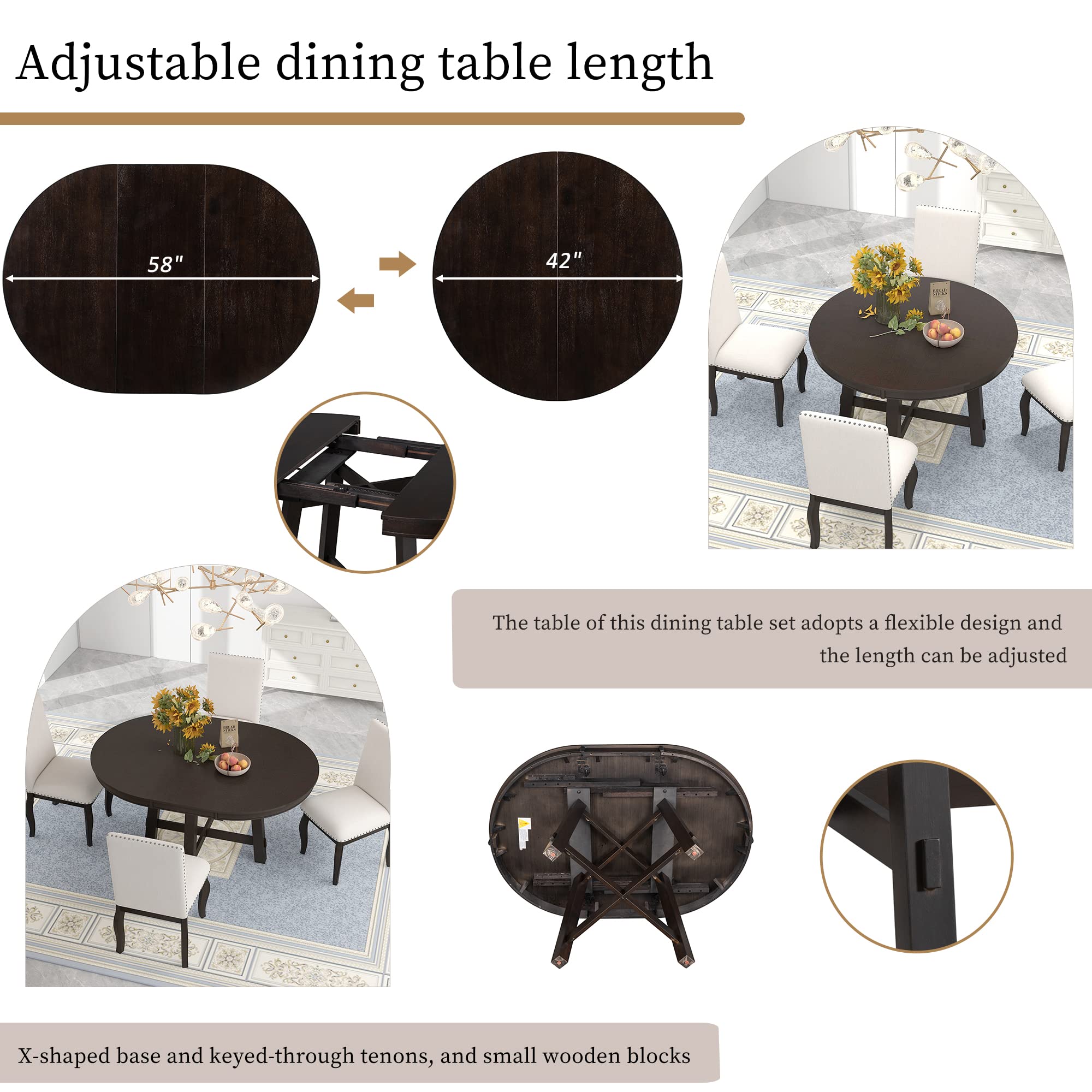 Quarte 5-Piece Farmhouse Dining Table Set - Extendable Round Wood Table with 4 Upholstered Chairs in Espresso, Perfect for Small Spaces, Family Gatherings & Cozy Meals