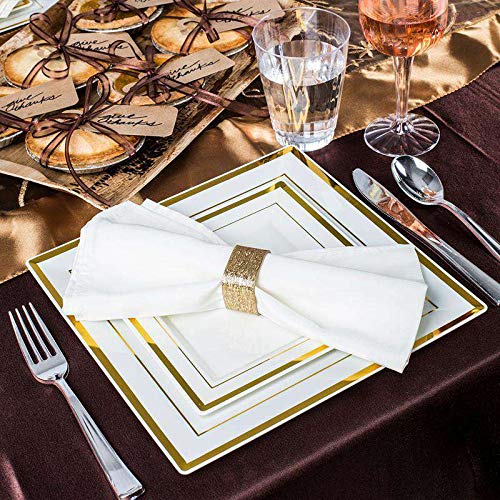 Elegant White Gold-Rimmed Square Edge Disposable Plastic Dinner Plates - 9.5 Inch (10-Pack) for Wedding, Party, Birthday, Anniversary & Holiday Celebrations - Premium Disposable Tableware for Catering, Events & Home Use
