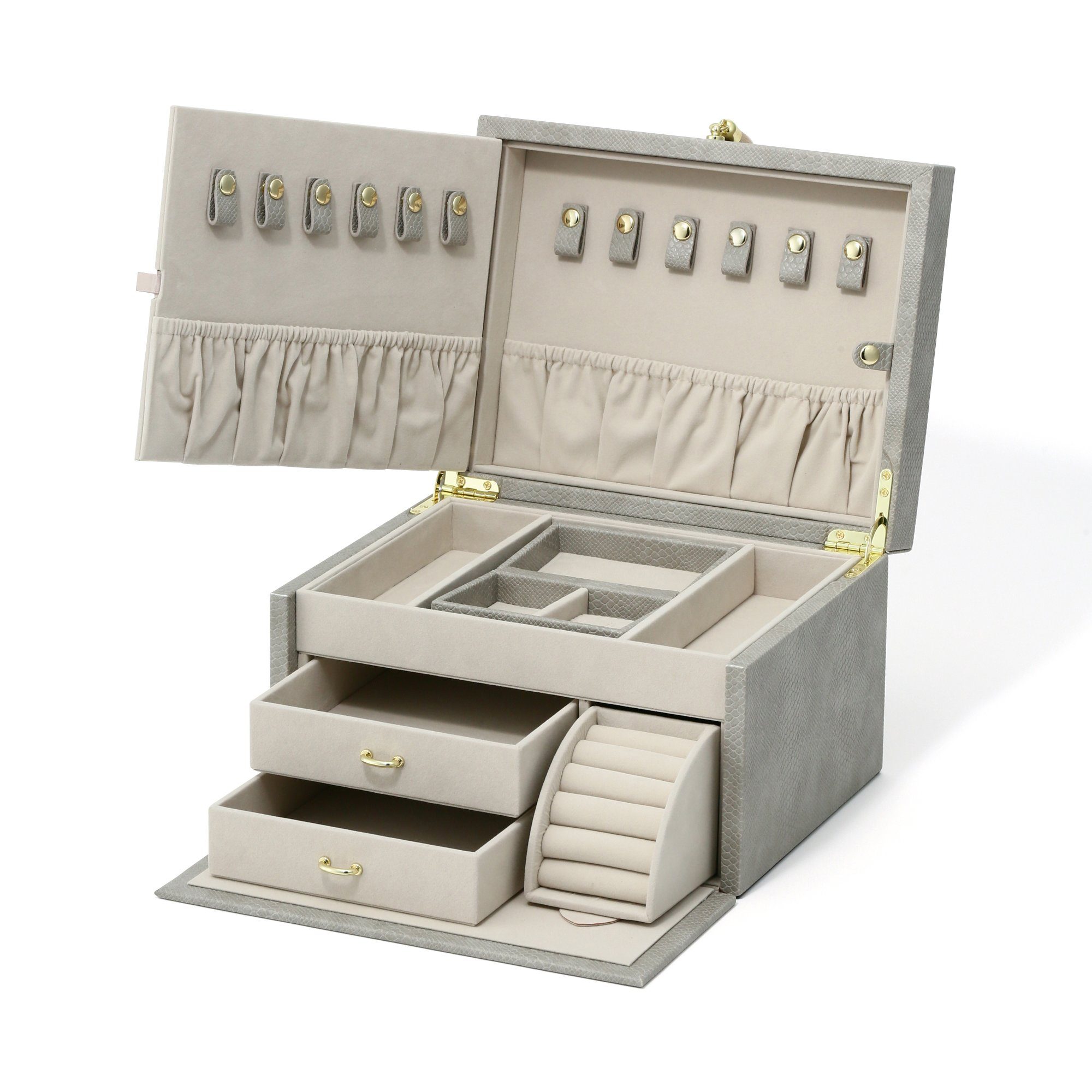 Flavia Large Gray Jewelry Box - Elegant Storage for Necklaces, Rings & Earrings - Perfect for Bedroom, Closet & Travel