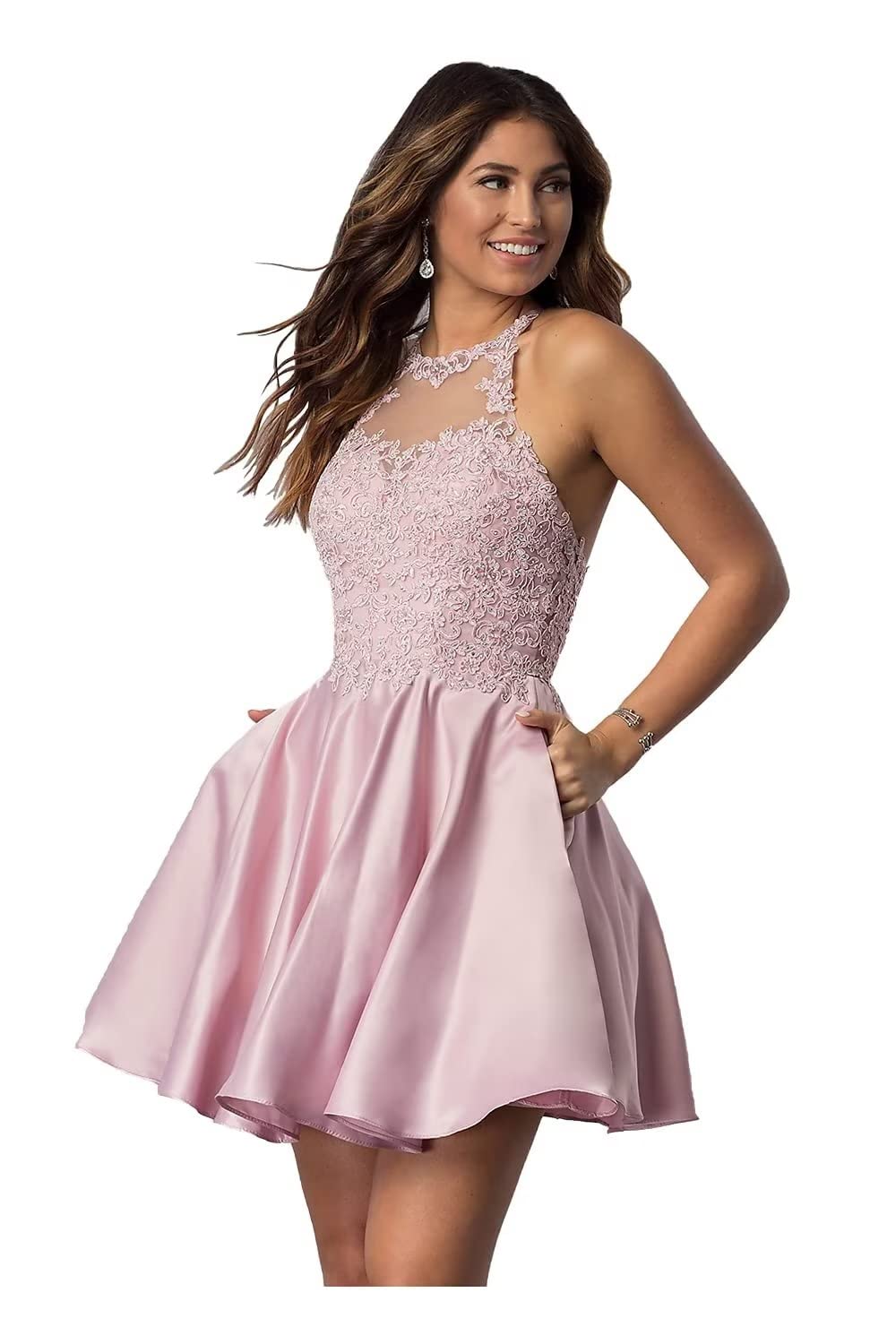 Elegant Lace Applique Short Homecoming Dress with Pockets | Halter Prom Dress for Teens | 2022 Satin Cocktail Party Dress | Perfect for Dances, Graduations & Special Occasions