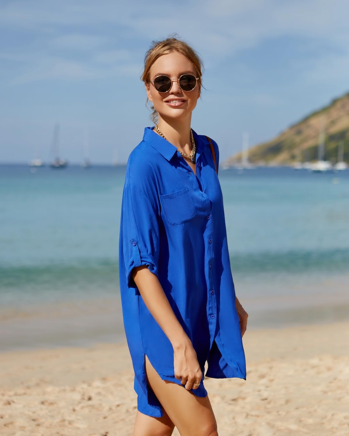 Women's Pinup Fashion Swim Cover Up - Button Up Swimsuit Coverup Shirt for Beach & Pool | Stylish Bathing Suit Coverup for Women | Perfect for Beach Vacations, Pool Parties & Summer Outings