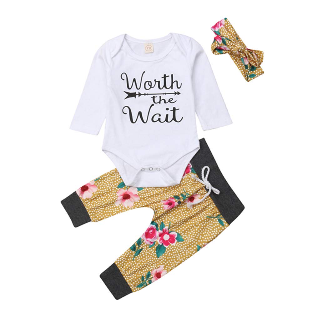 Newborn Baby Girl Outfit Set - Long Sleeve Romper Bodysuit with Floral Pants & Headband | Worth The Wait Collection | Perfect for Photoshoots, Christenings & Special Occasions
