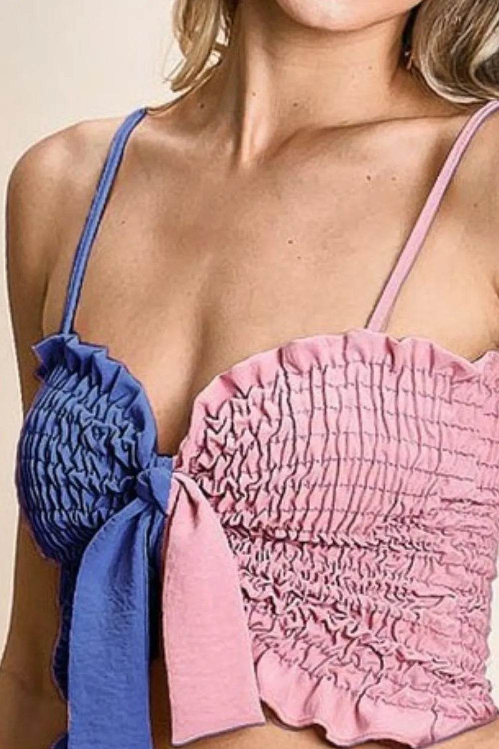 BiBi Woven Color Block Smocked Bra Top with Ribbon - Stylish Summer Bralette for Women, Perfect for Beach, Yoga & Casual Outfits