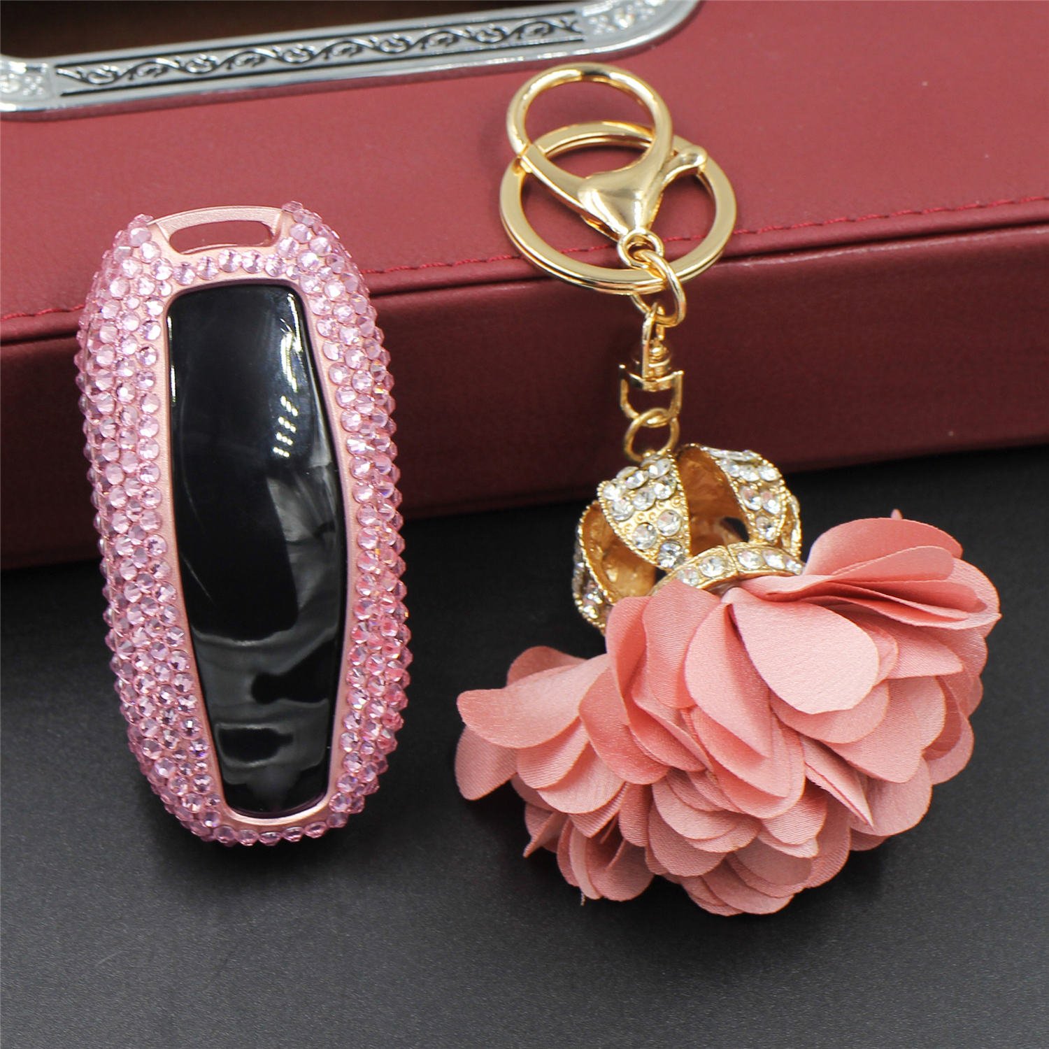 Handmade Diamond Bling Tesla Key Fob Cover for Model 3/S/Y - Aluminum Key Protector Case with Crystals (Pink) | Luxury Car Accessory for Protection & Style