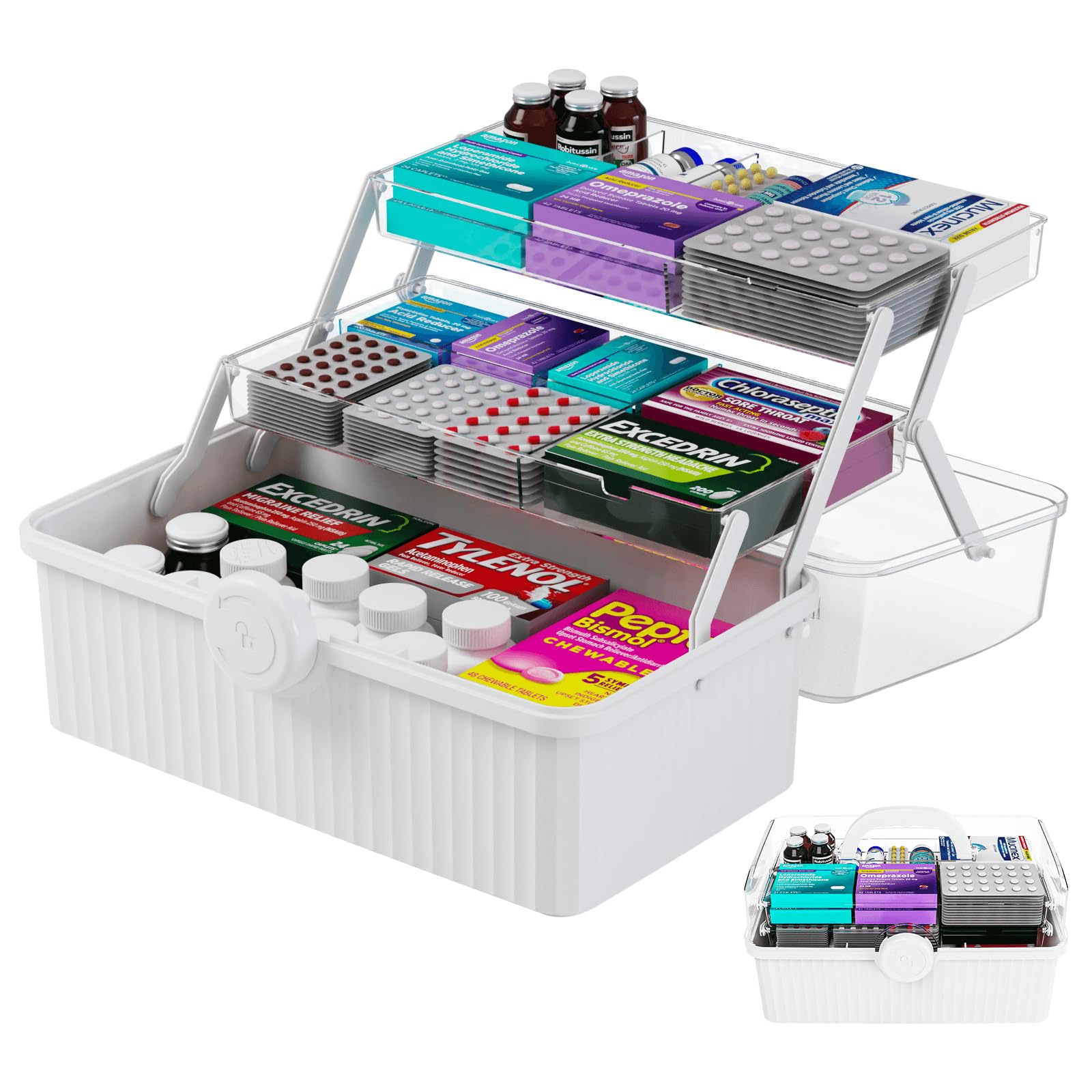 Yieach 13.3 Inch Multifunctional Plastic Storage Box - 2 Tier Tray Organizer for Crafts, Sewing Supplies, Medicine & First Aid Kit | Portable Handle Design | White | Perfect for Home Organization, DIY Projects & Emergency Preparedness