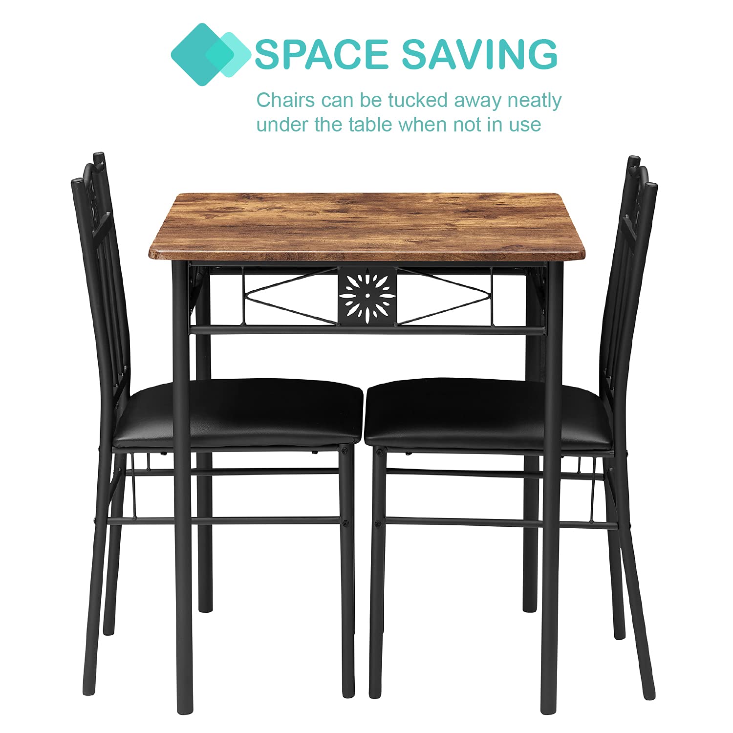 VECELO 3-Piece Retro Brown Wooden Dining Table Set with PU Cushion Chairs - Compact Kitchen Table for Small Spaces, Perfect for Apartments, Breakfast Nooks & Cozy Dining Areas