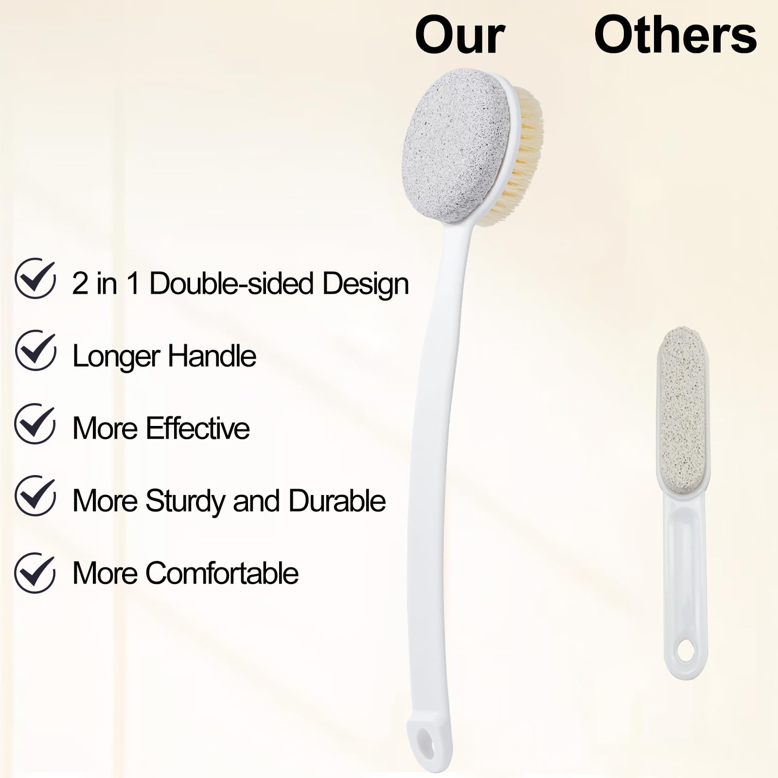 2 Pack Pumice Stone and Long Handle Shower Brush - Hard Skin Callus Remover & 2-in-1 Foot Scrubber | Back Scrubber for Deep Cleansing & Exfoliating | Dry Brushing Body Brush with Curved Design - Perfect for Shower, Pedicure & Home Spa Care