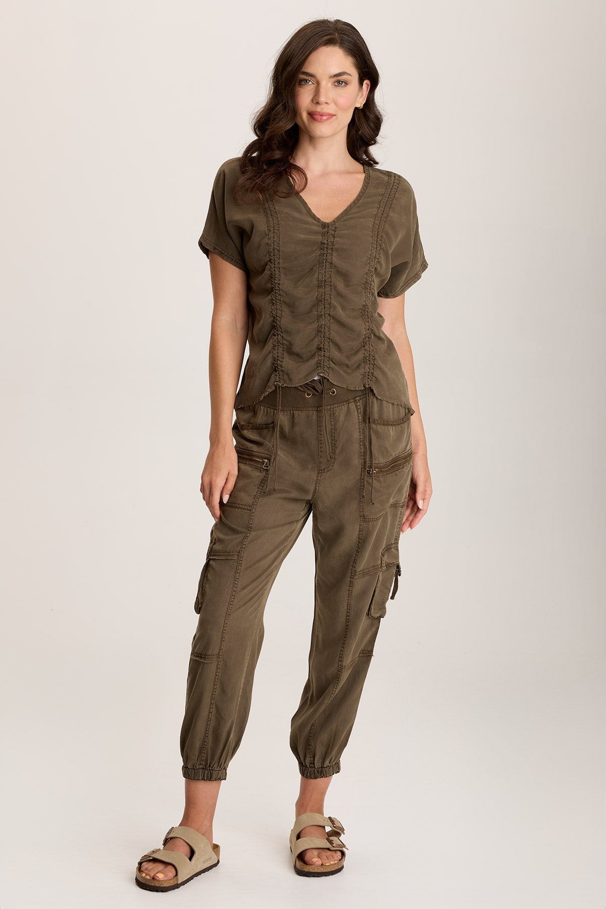 Werner Twill Ruched Cord Relaxed V Neck Tee - Soft Casual Women's T-Shirt for Everyday Wear, Work & Weekend Outfits