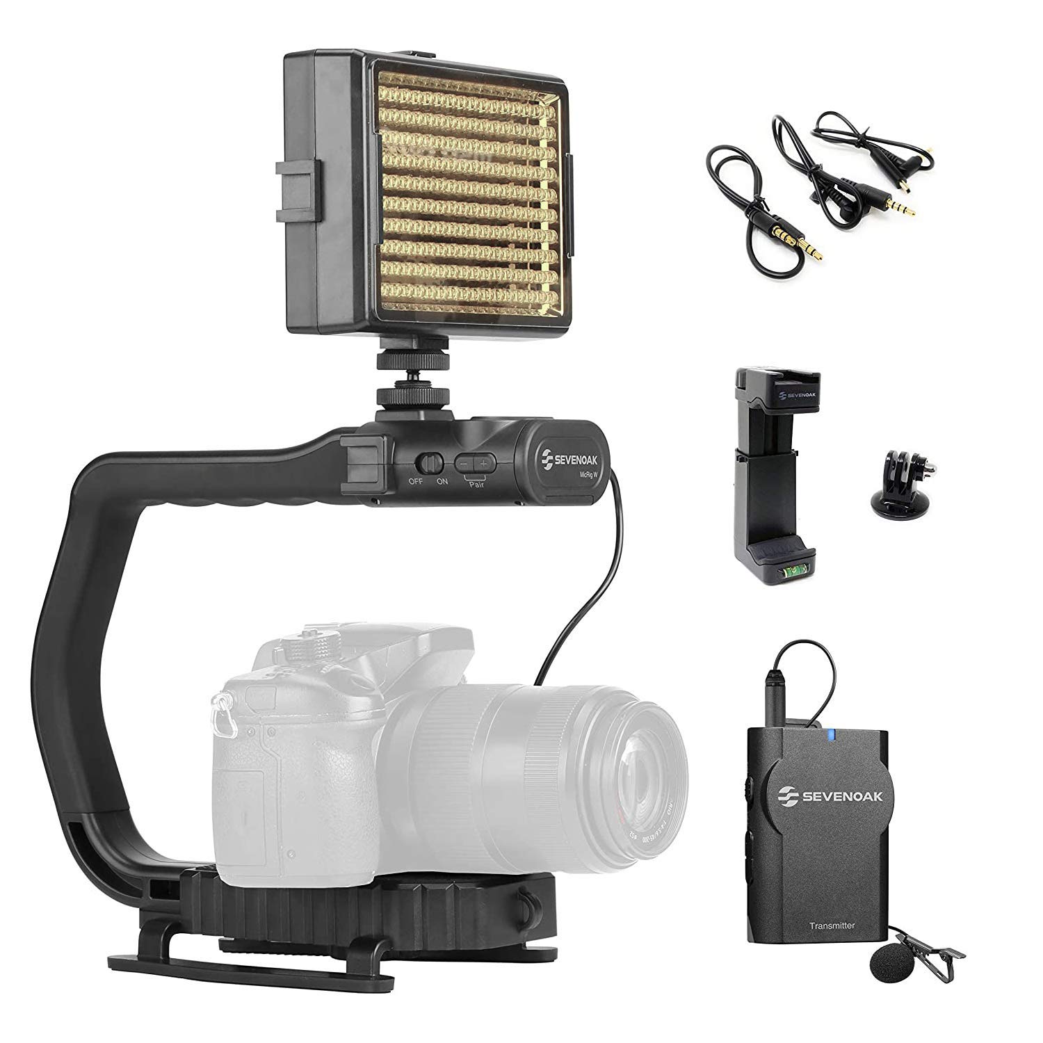 Movo MicRig-W1 Wireless Microphone & LED Light Kit - Professional Filmmaker Bundle with Camera Stabilizer Handle & Lavalier Mic for DSLR, Mirrorless, iPhone, Android | Perfect for Vlogging, YouTube Videos, Live Streaming & Interviews