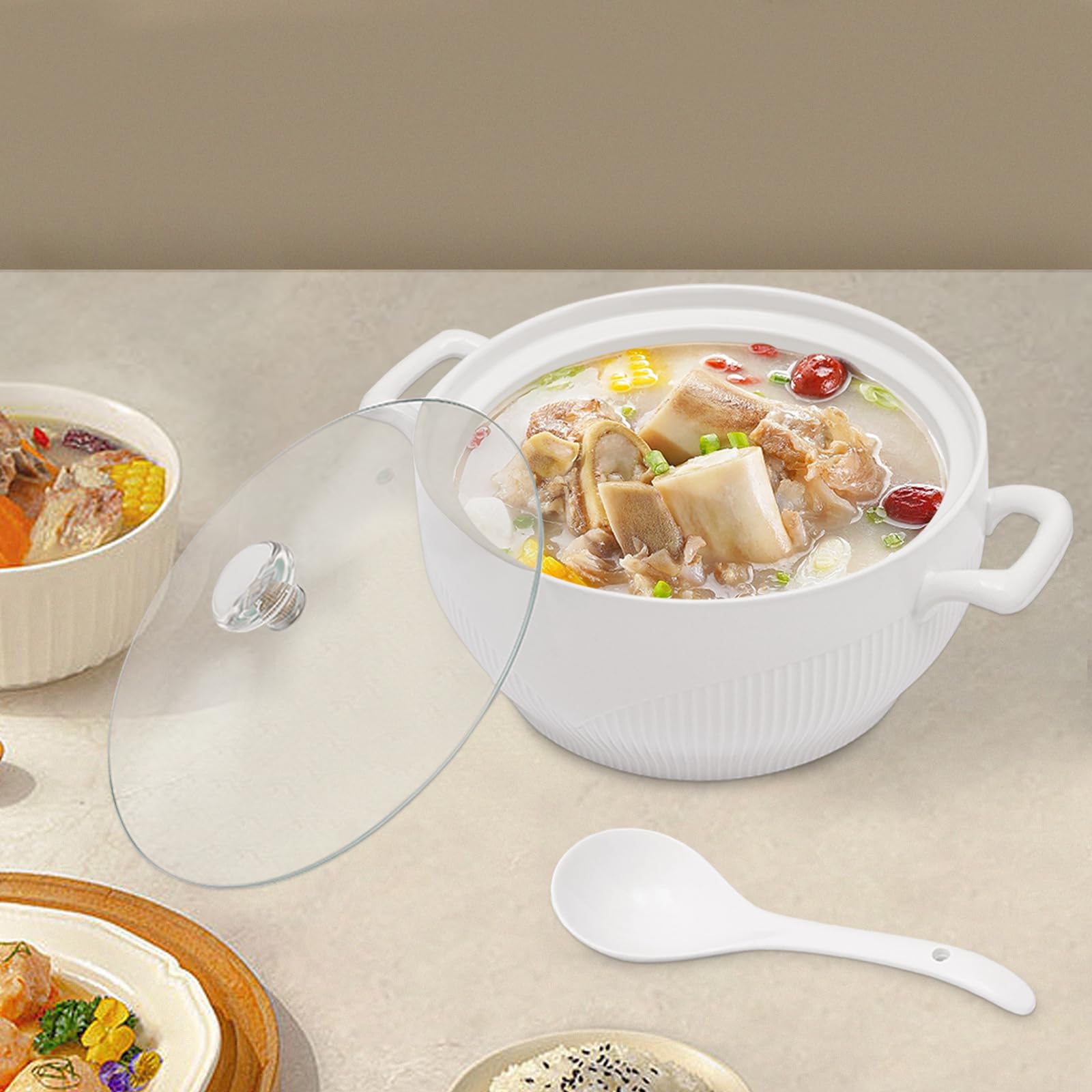 Premium White Porcelain Soup Tureen with Glass Lid - 8.54 Inch Ceramic Serving Bowl for Restaurants & Home Kitchens - Elegant Tableware for Soups, Stews & Decorative Serving