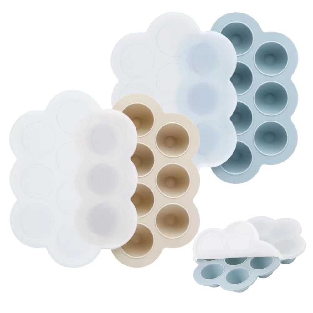 PandaEar 2 Pack Silicone Baby Food Freezer Trays with Lids - BPA-Free Storage Containers for Homemade Baby Food, Purees, Breastmilk & Fruits (Blue/Tan) | Perfect for Meal Prep, Baby Led Weaning & Organizing Small Portions in Fridge