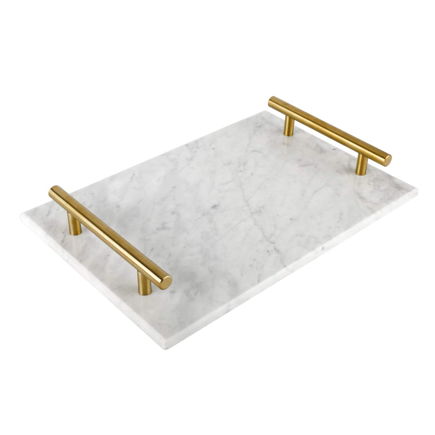 HighFree Handmade Marble Stone Decorative Tray with Copper Metal Handles - Elegant Vanity Organizer for Counter, Dresser, Nightstand & Desk (White) | Perfect for Jewelry Display, Bathroom Essentials & Home Decor