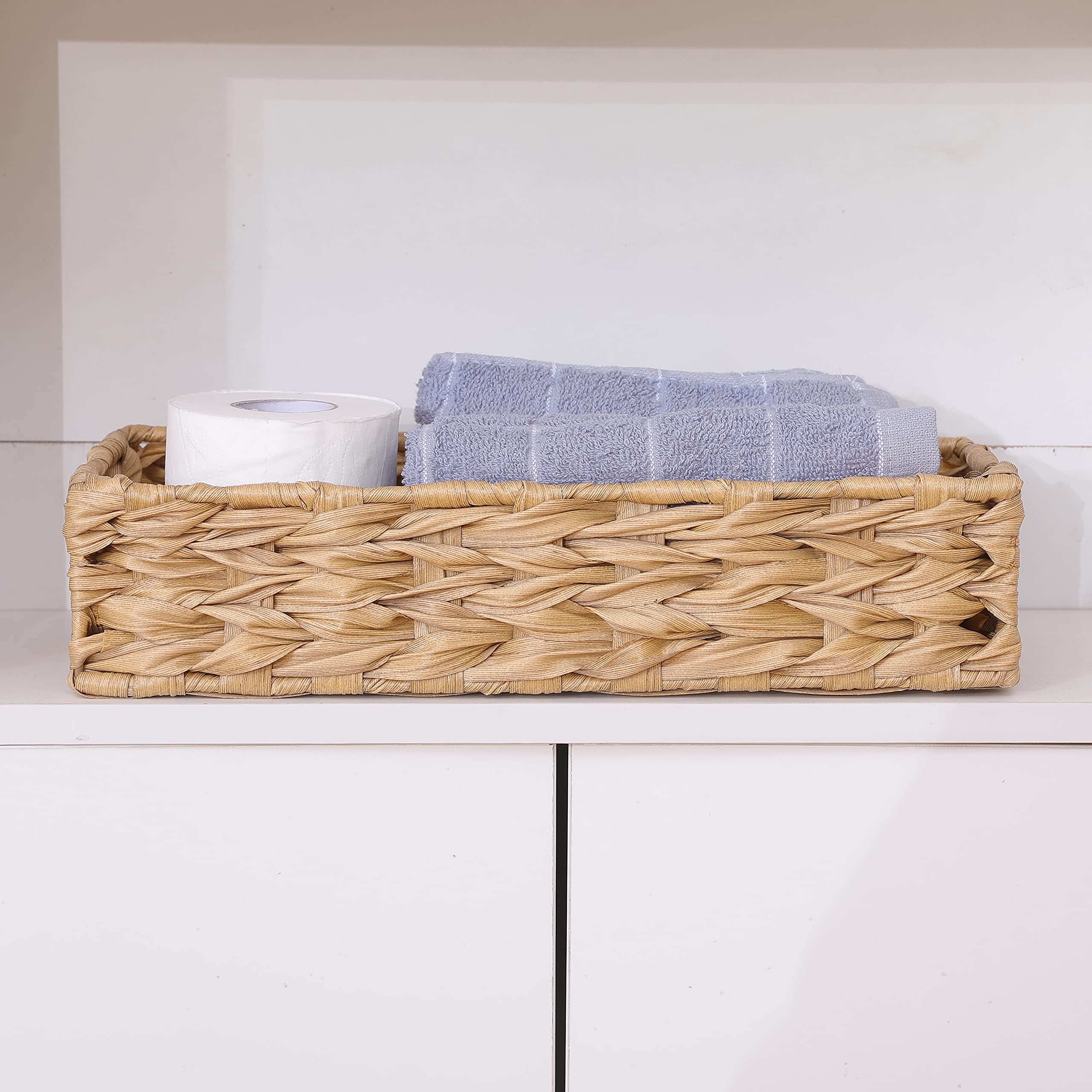 Woven Toilet Paper Storage Basket - Bathroom Organizer Bin for Toilet Tank Top | Decorative Wicker Basket for Bathroom Essentials & Toiletries | Perfect for Small Space Organization and Home Decor