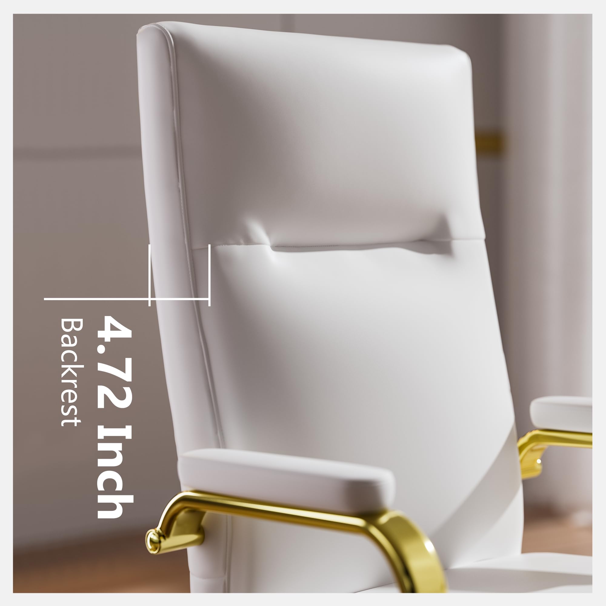 White and Gold Memory Foam Office Chair - Ergonomic Leather Computer Desk Chair with Wheels & Adjustable Arms - High Back Executive Chair for Women - Perfect for Home Office, Gaming, and Workspaces