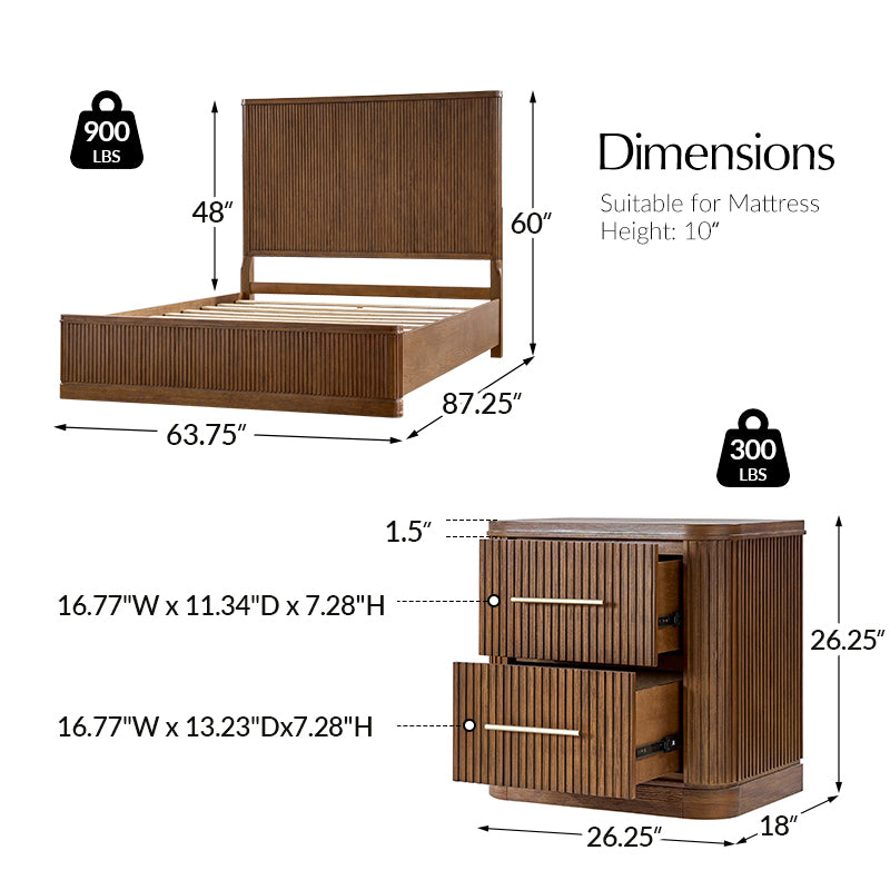 Modern Fluted Solid Wood Bedroom Set with Oak Texture - 3 Piece Queen Size Bed, Nightstand & Dresser | Elegant Bedroom Furniture for Master Suite, Guest Room & Apartment