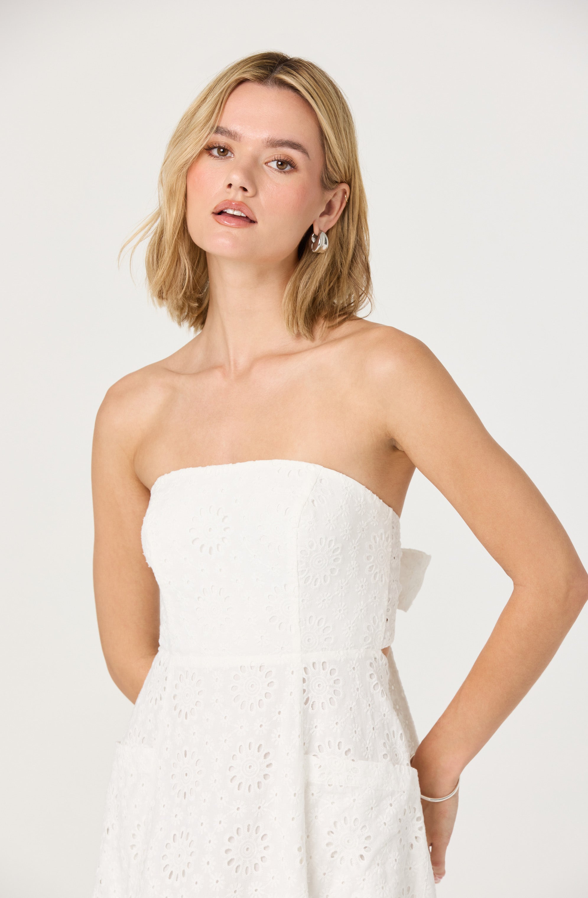 Strapless Eyelet Midi Dress for Women - Floral Lace Summer Dress for Beach, Wedding & Party