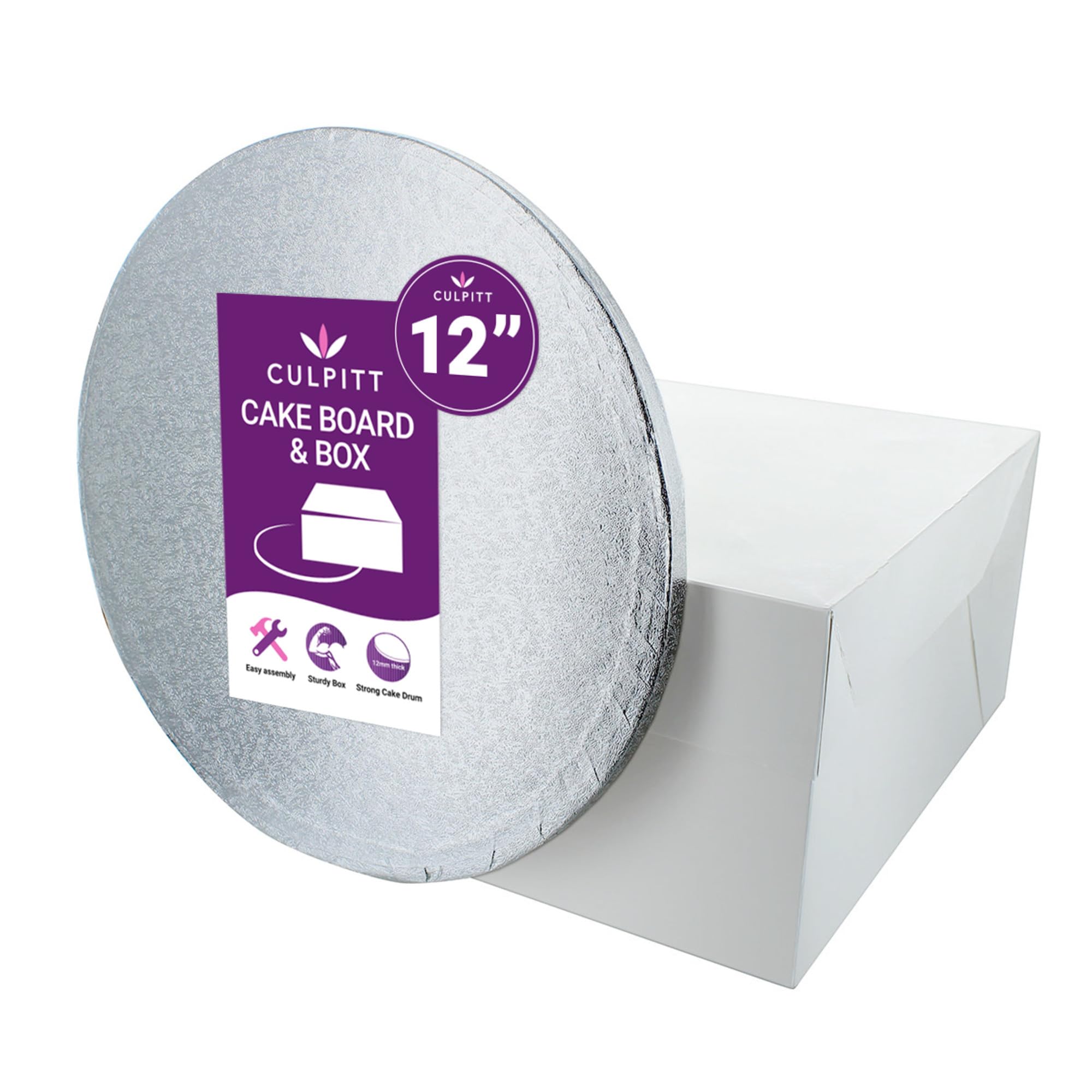 Culpitt 12-Inch Round Silver Cake Drum Board with White Cake Box - Professional Baking Supplies for Wedding, Birthday & Party Cakes