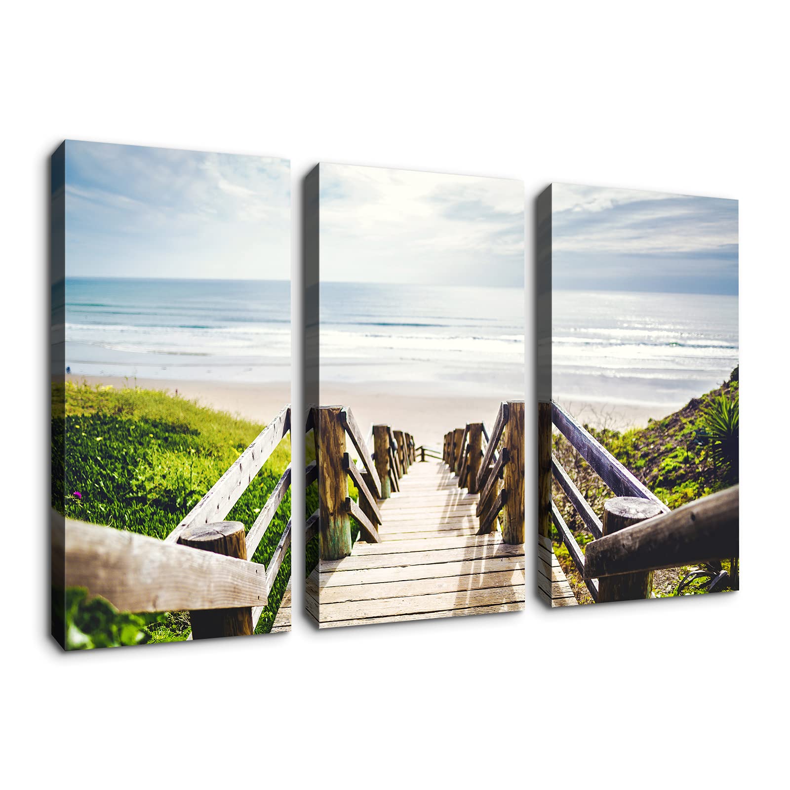 Denozer 3-Panel Beach Wooden Bridge Boardwalk Stair Wall Art - Stretched Canvas Painting for Home & Office Decor (16