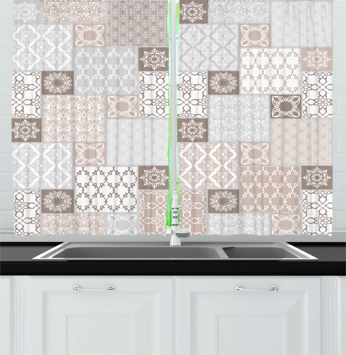 Ambesonne Oriental Long Kitchen Curtains - Pastel Patchwork Design with Filigree Ornaments, 55