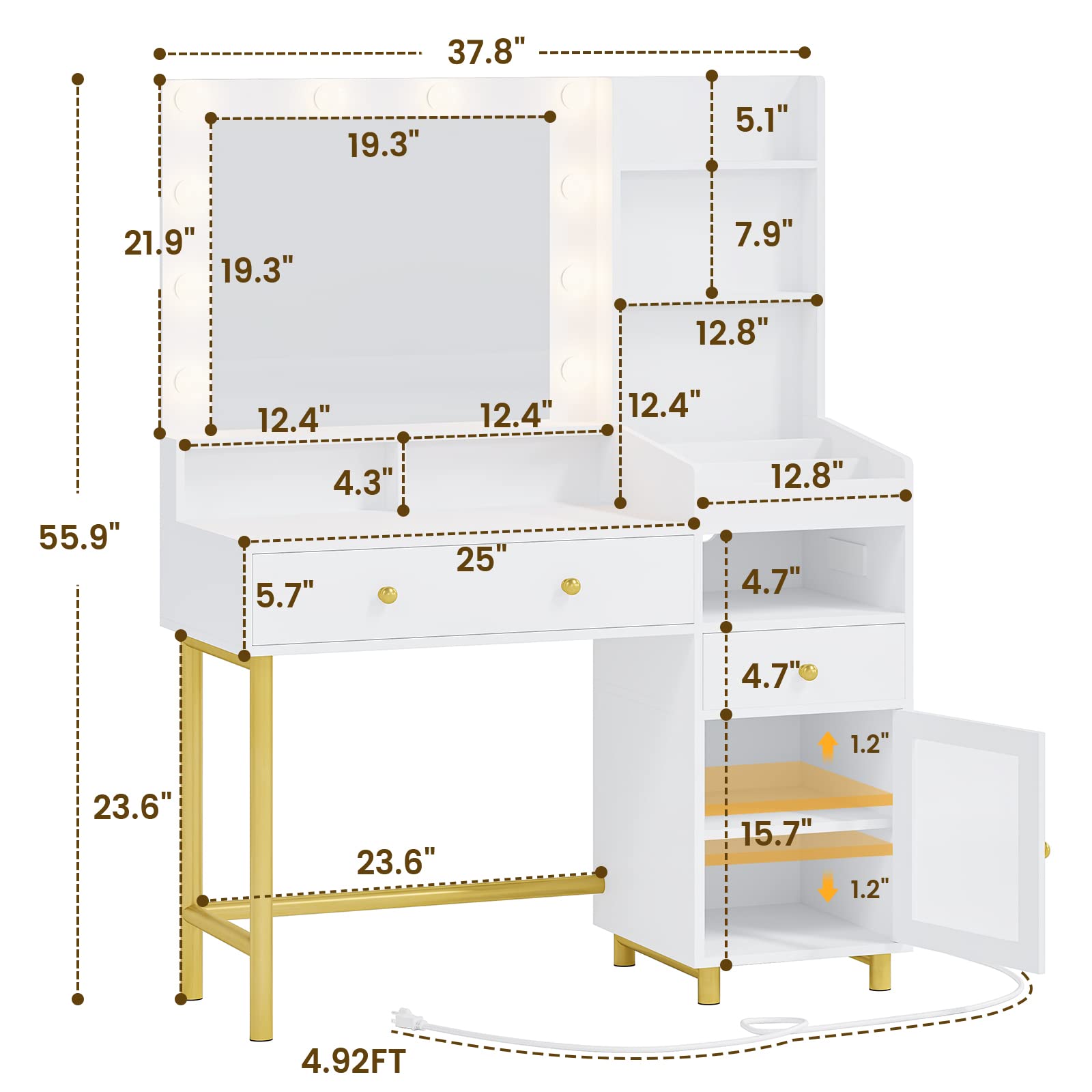 VIAGDO White Vanity Desk with Mirror and LED Lights - Makeup Dressing Table with USB Charging Station, 3 Storage Compartments & Drawers - Bedroom Vanity Desk for Women with Open Shelves - Perfect for Makeup Organization, Skincare Routine and Small Space Bedrooms