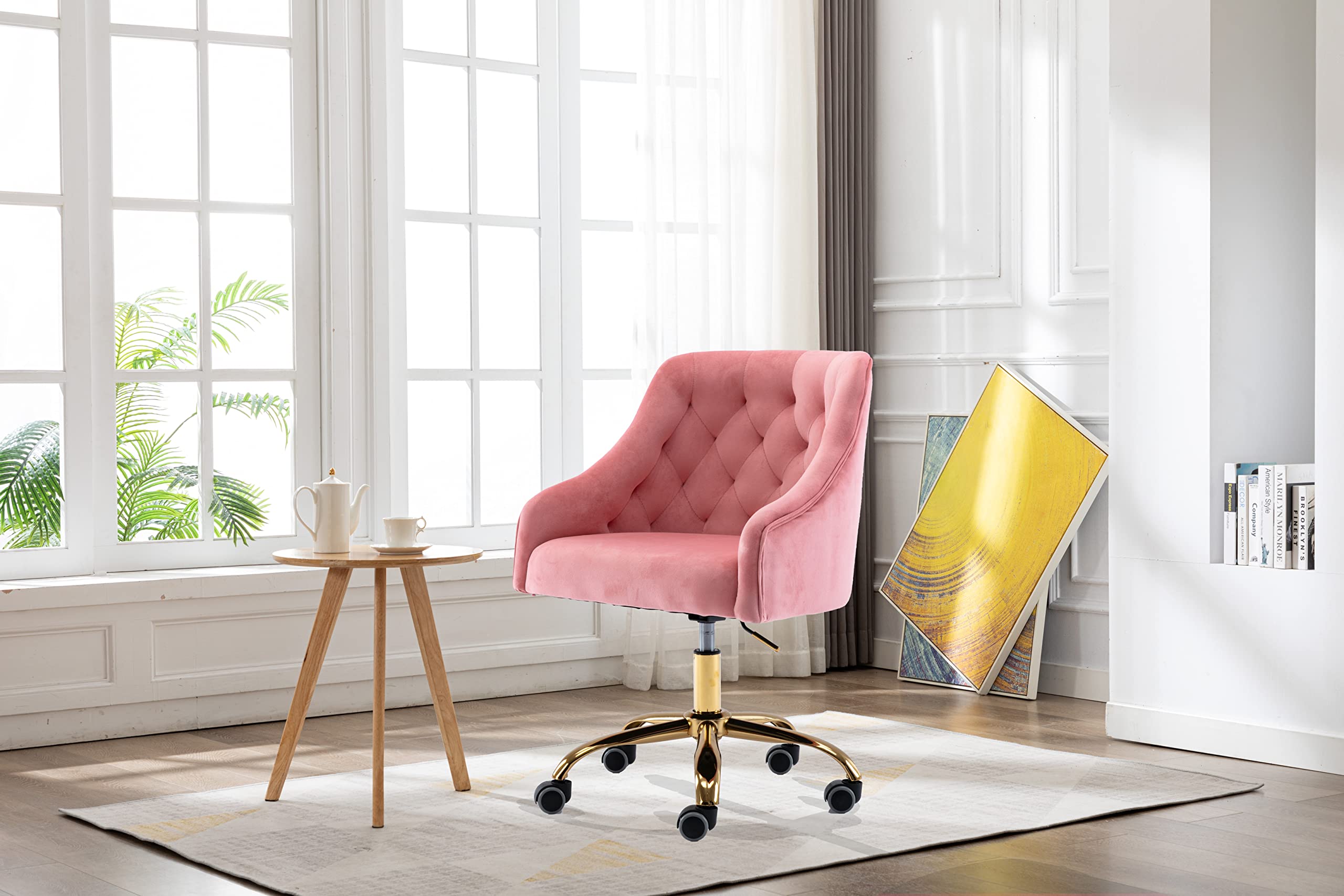 Modern Velvet Home Office Chair with Wheels - Swivel Adjustable Height Desk Chair for Work, Vanity & Makeup - Stylish Task Chair for Living Room & Bedroom (Peach Pink) - Perfect for Remote Work, Gaming & Beauty Routines