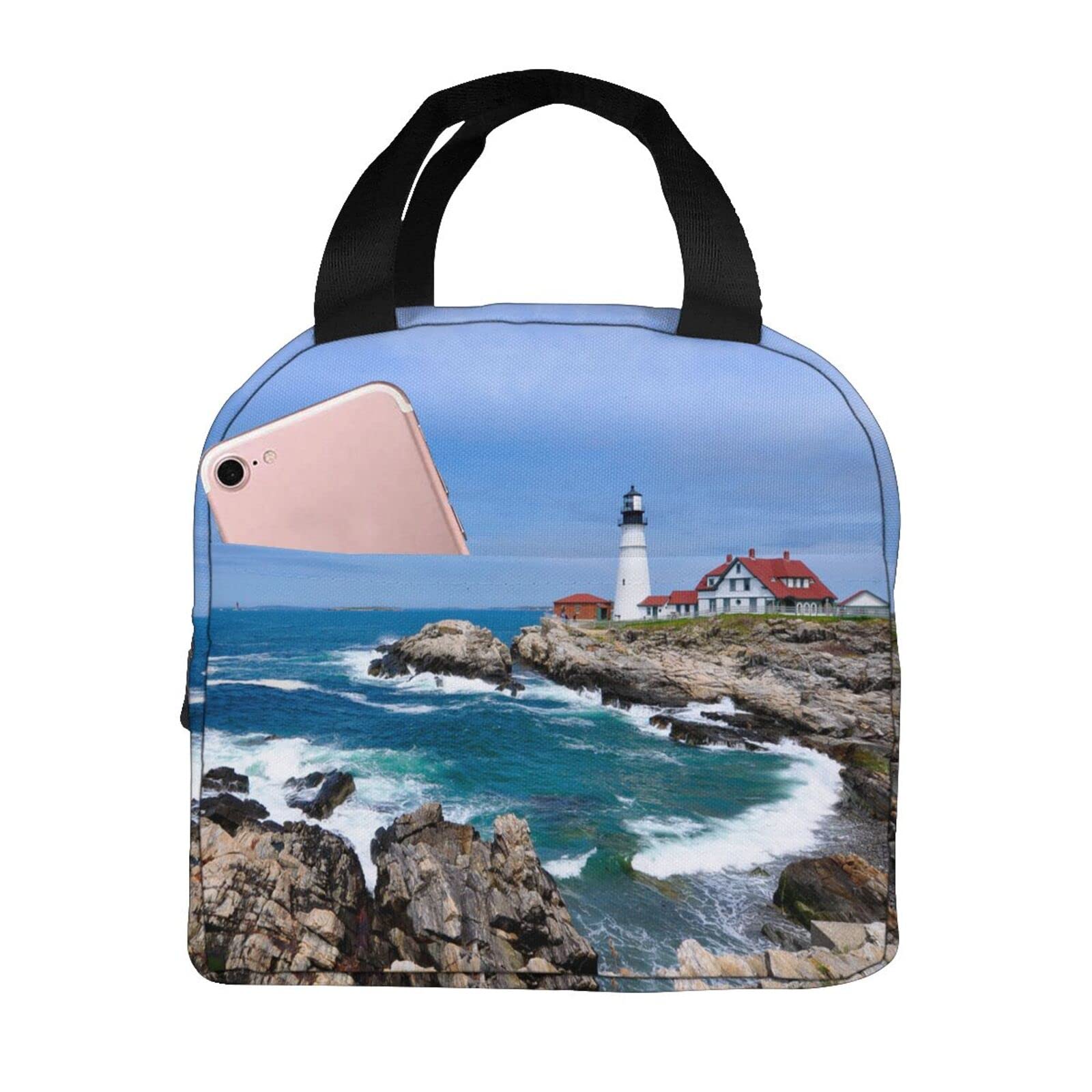 Insulated Neoprene Lunch Bag for Women & Men - Sea Lighthouse & White Cloud Design - Leakproof Lunch Tote for Work, School, Picnics & Outdoor Activities