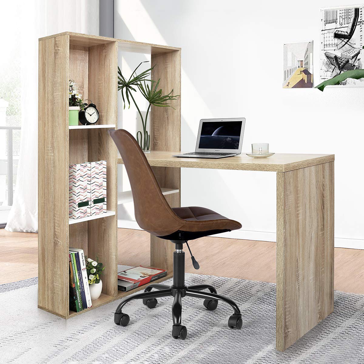 L-Shaped Computer Desk with 6-Tier Storage Shelves - Multifunctional Wooden Writing Table for Home Office & Study (Oak Finish) - Perfect for Small Spaces, Gaming Setup & Remote Work