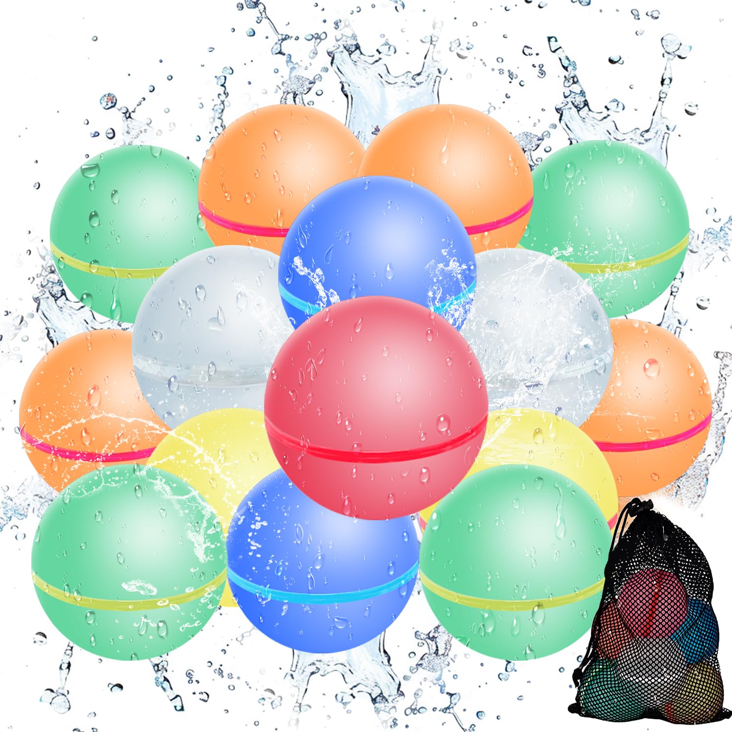 Self-Sealing Reusable Water Balloons - 15PCS Magnetic Quick-Fill Water Balls, Silicone Splash Bombs for Kids Ages 3-12 | Summer Pool, Beach, Backyard Outdoor Water Play Toys