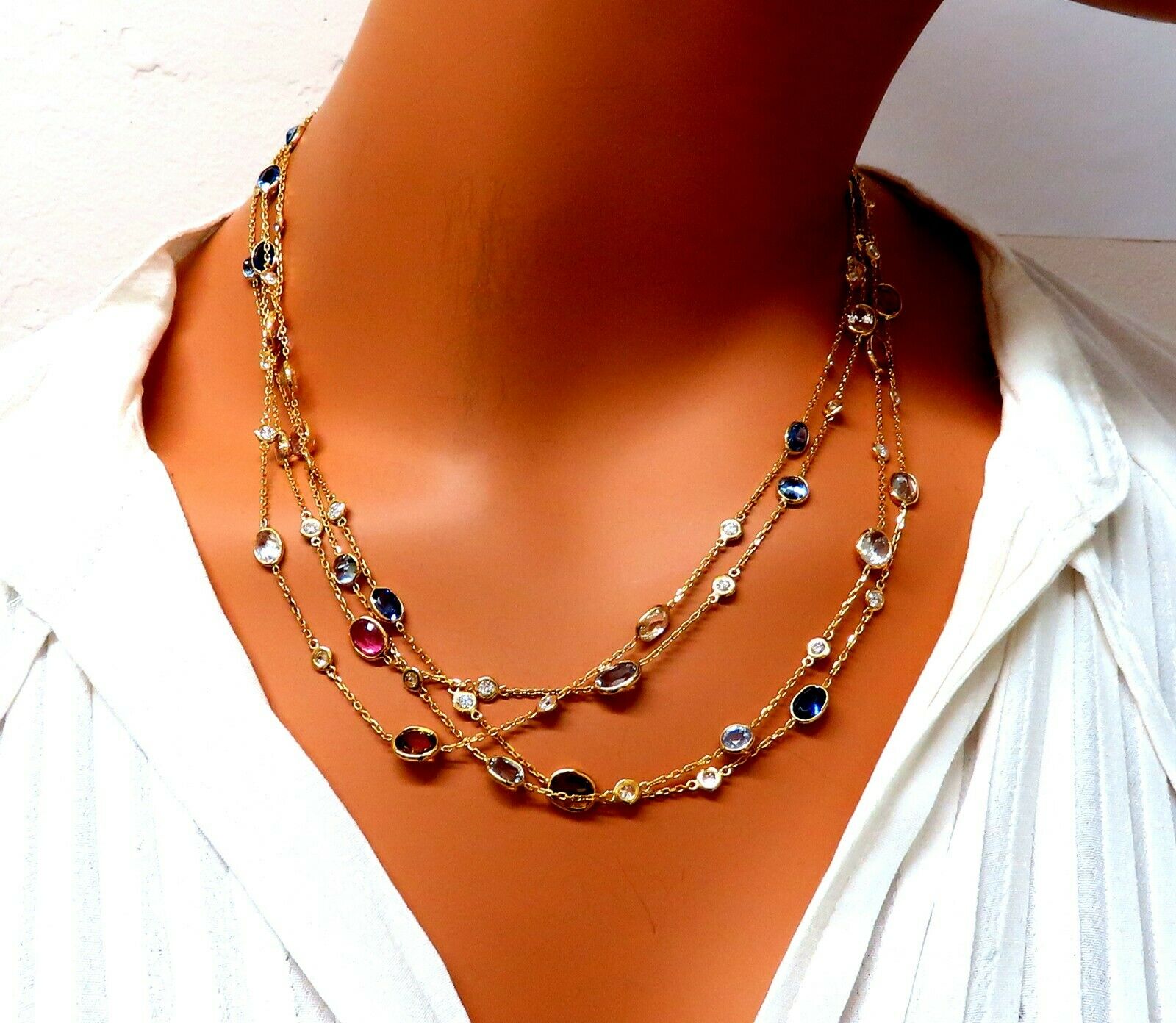 43.05ct Natural Vivid Blue Sapphire and Diamond 14K Gold 4-Tier Wrap Necklace - 76 Inch Luxury Statement Jewelry for Weddings & Special Occasions