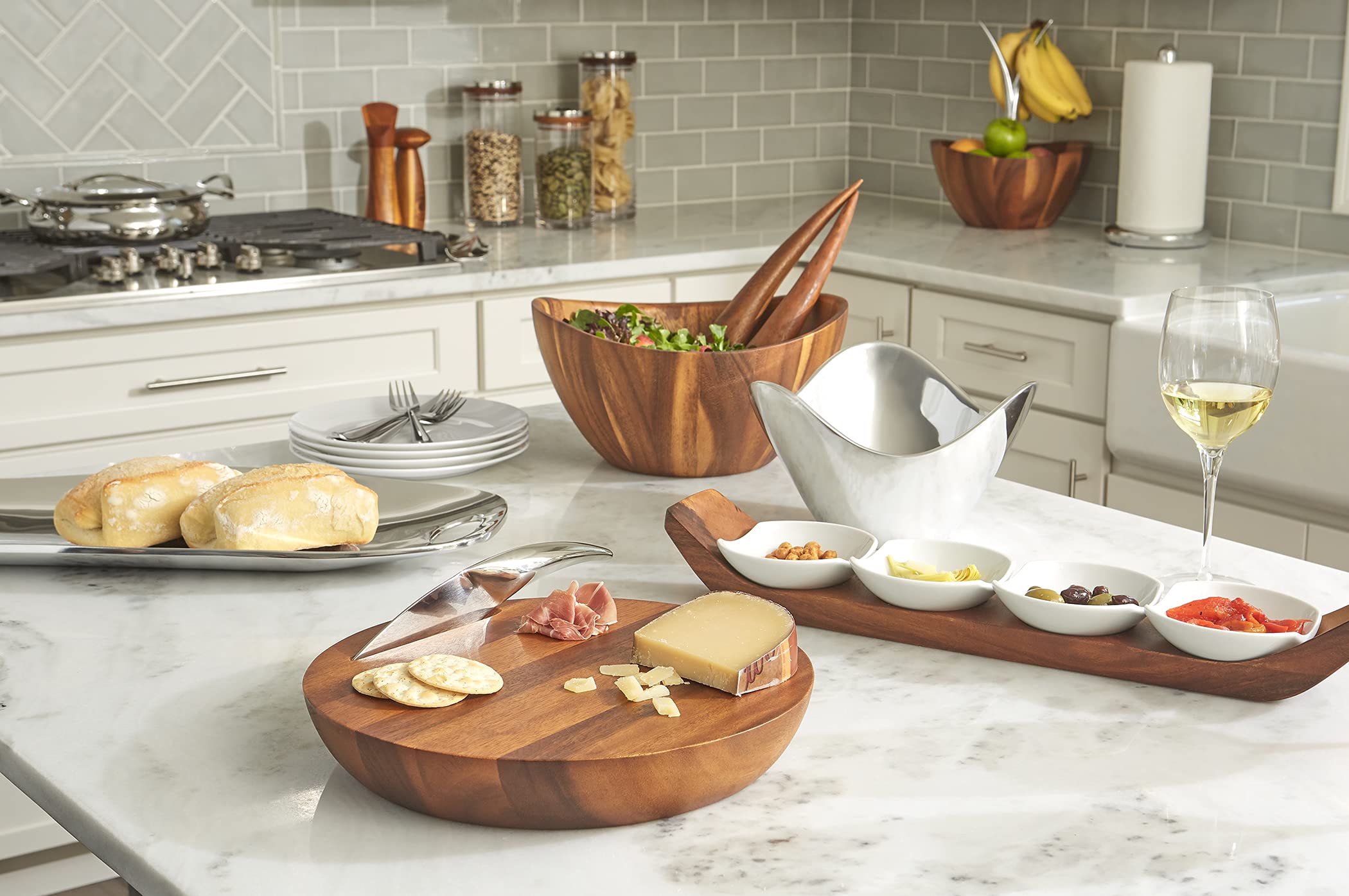 Nambe Vie 3-Piece Condiment Server Set with Acacia Wood Tray & Glass Bowls - Perfect for Serving Nuts, Olives, Dips & Snacks - Elegant Entertaining & Party Serving Dish (12.5