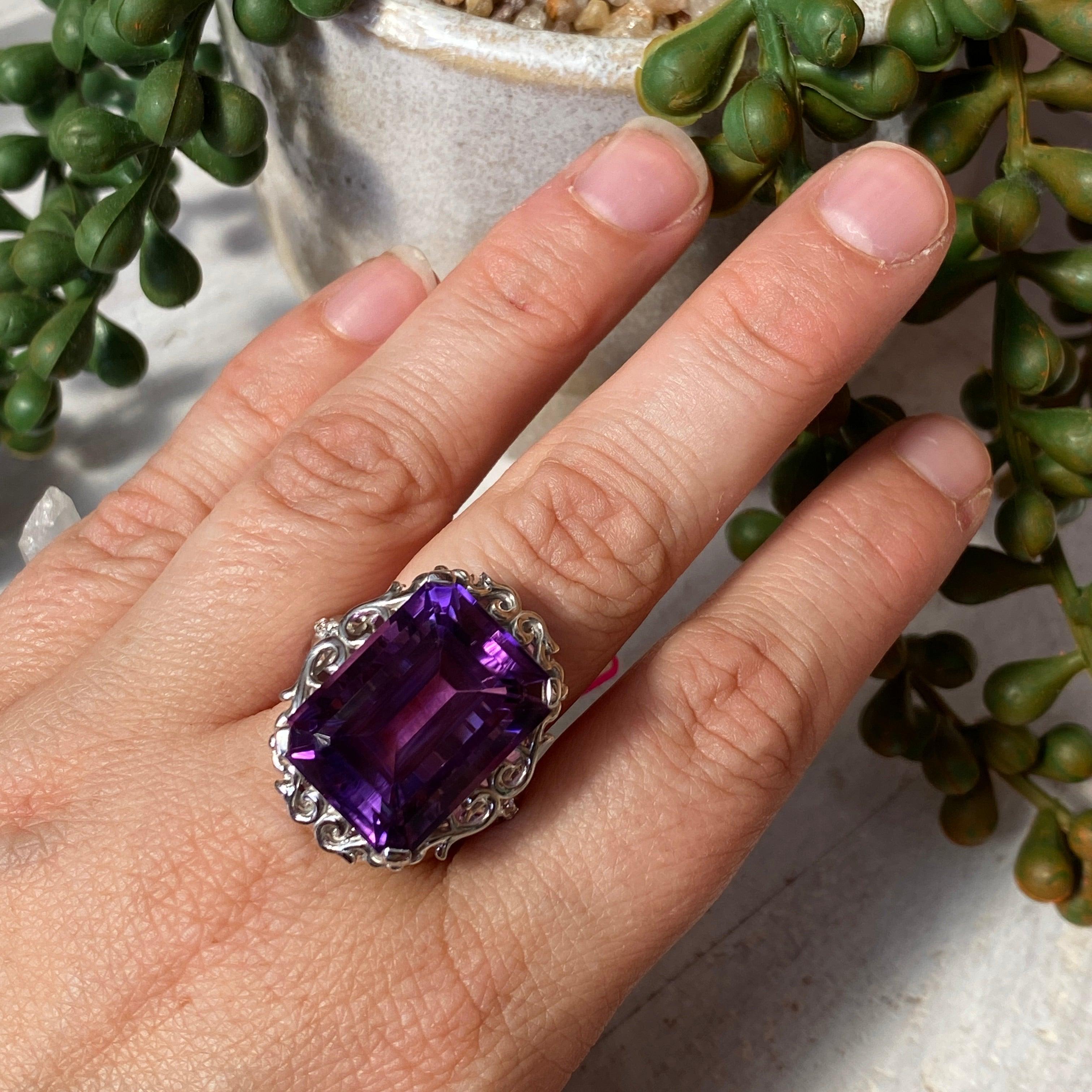 Amethyst Emerald Cut Ring with CZ Accents - Size 8 - HRGJ 35 - Elegant Jewelry for Women, Perfect for Weddings, Anniversaries & Special Occasions