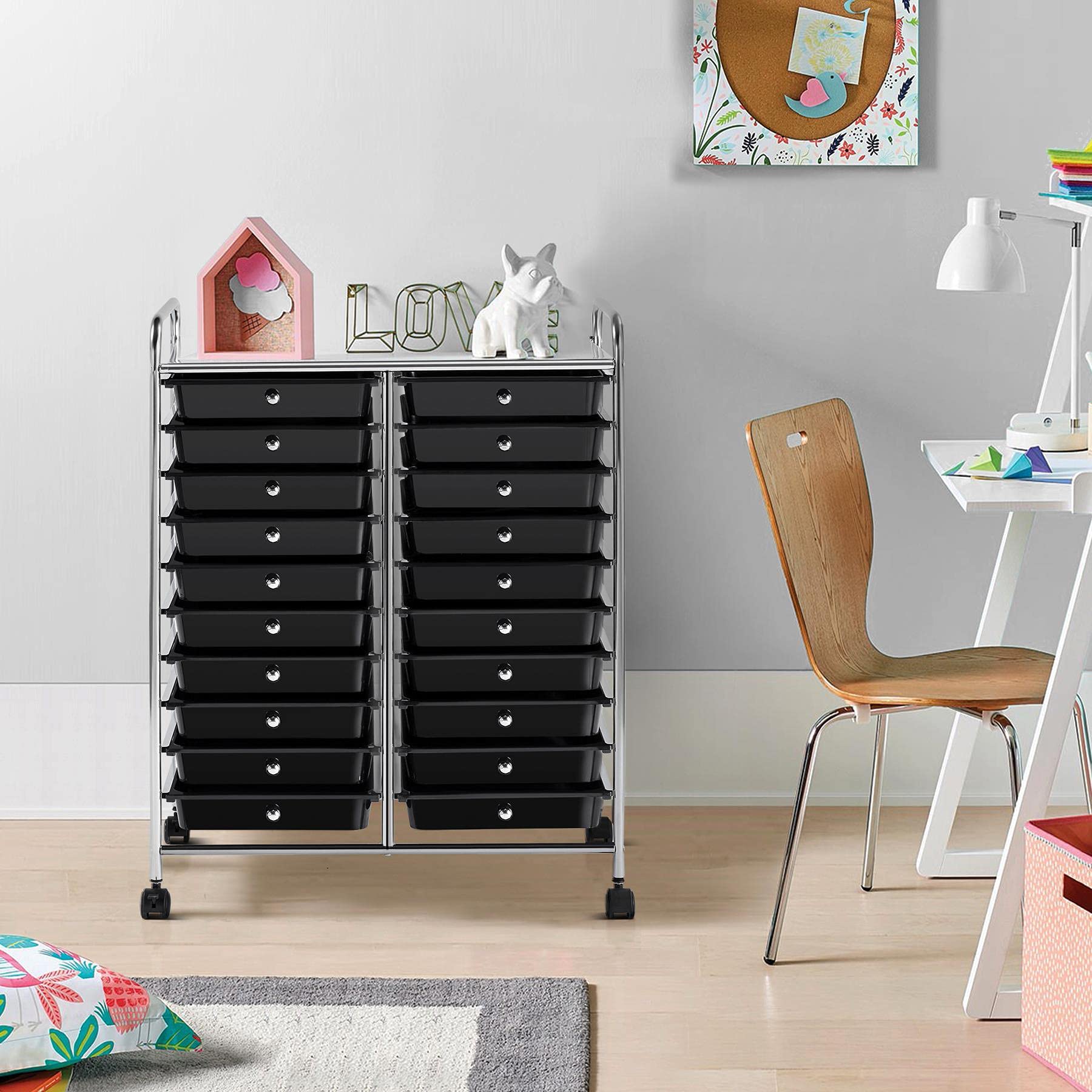 Topeakmart 20-Drawer Rolling Utility Cart - Plastic Storage Organizer with 360° Swivel Casters for Craft Room, Garage & Office - Black Mobile Craft Trolley