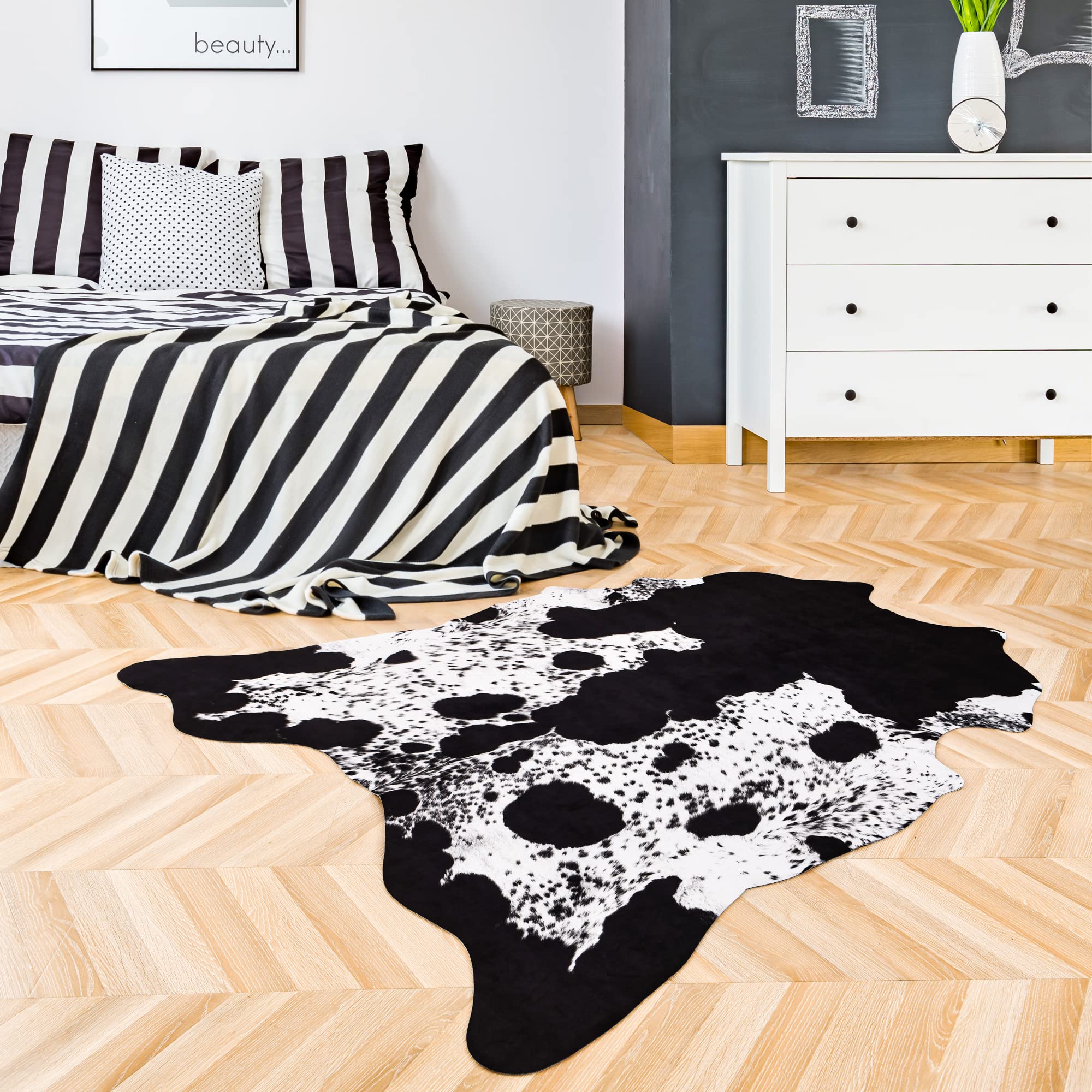 Stylish Faux Cowhide Rug 5.2x4.6 Feet - Soft Black & White Cow Print Area Rug for Living Room, Bedroom, Nursery - Western Home Decor & Bohemian Style Accent - Perfect for Farmhouse, Dorm, or Office Decor