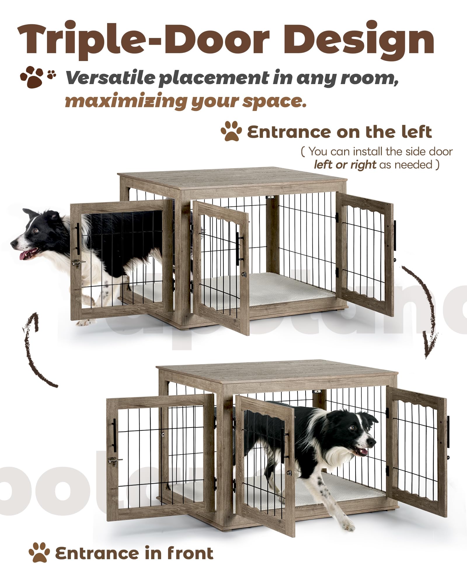 38 Inch Large Wooden Dog Crate Furniture - Heavy Duty Dog Kennel with Removable Bed Pad & 3 Doors - Stylish Greige End Table for Living Room, Bedroom & Office Spaces
