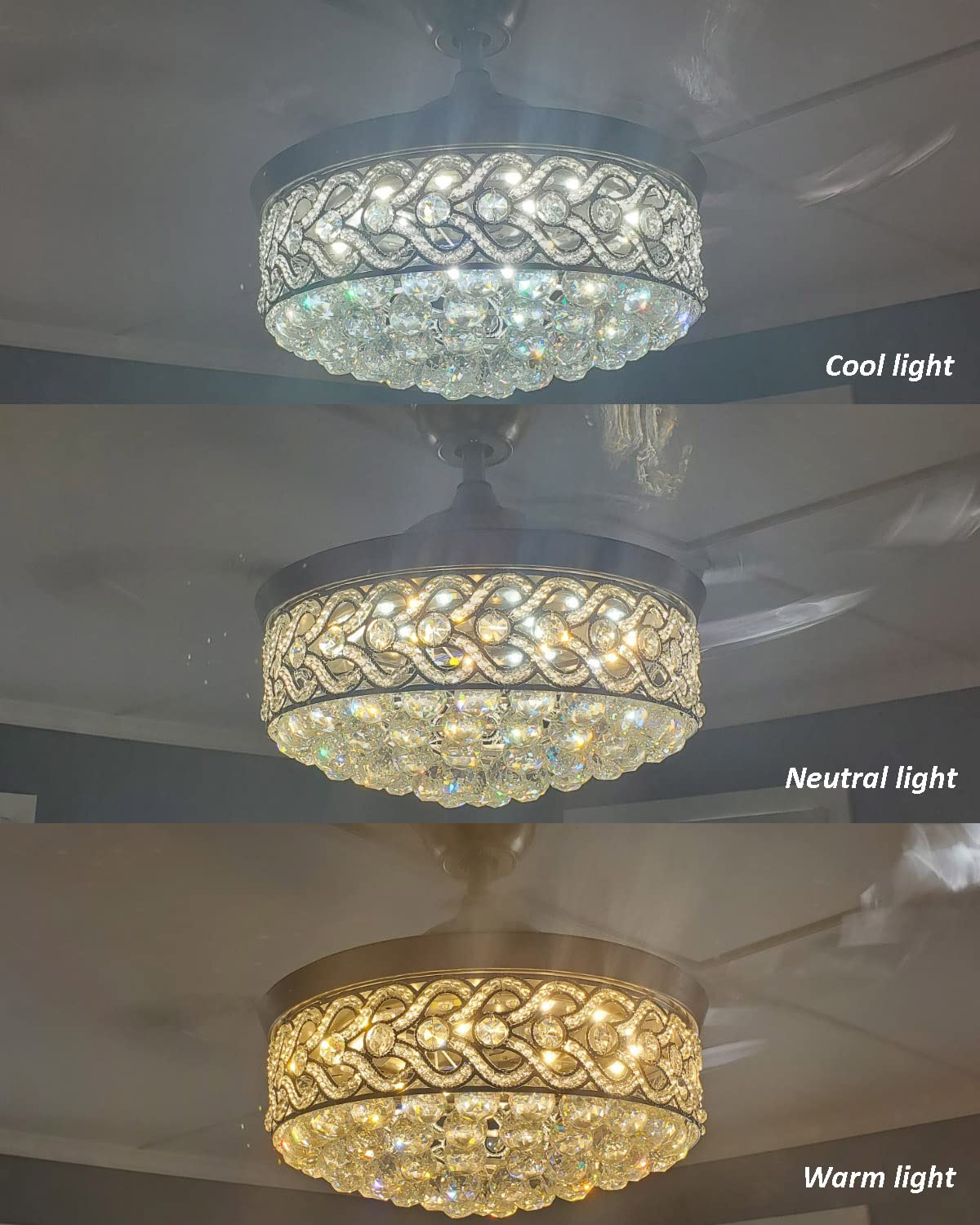 42 Inch Gold Crystal Ceiling Fan with LED Lights & Remote Control - Retractable Blades, 3 Speed Settings, 3 Color Temperatures - Elegant Chandelier Fan for Living Room, Bedroom & Dining Room