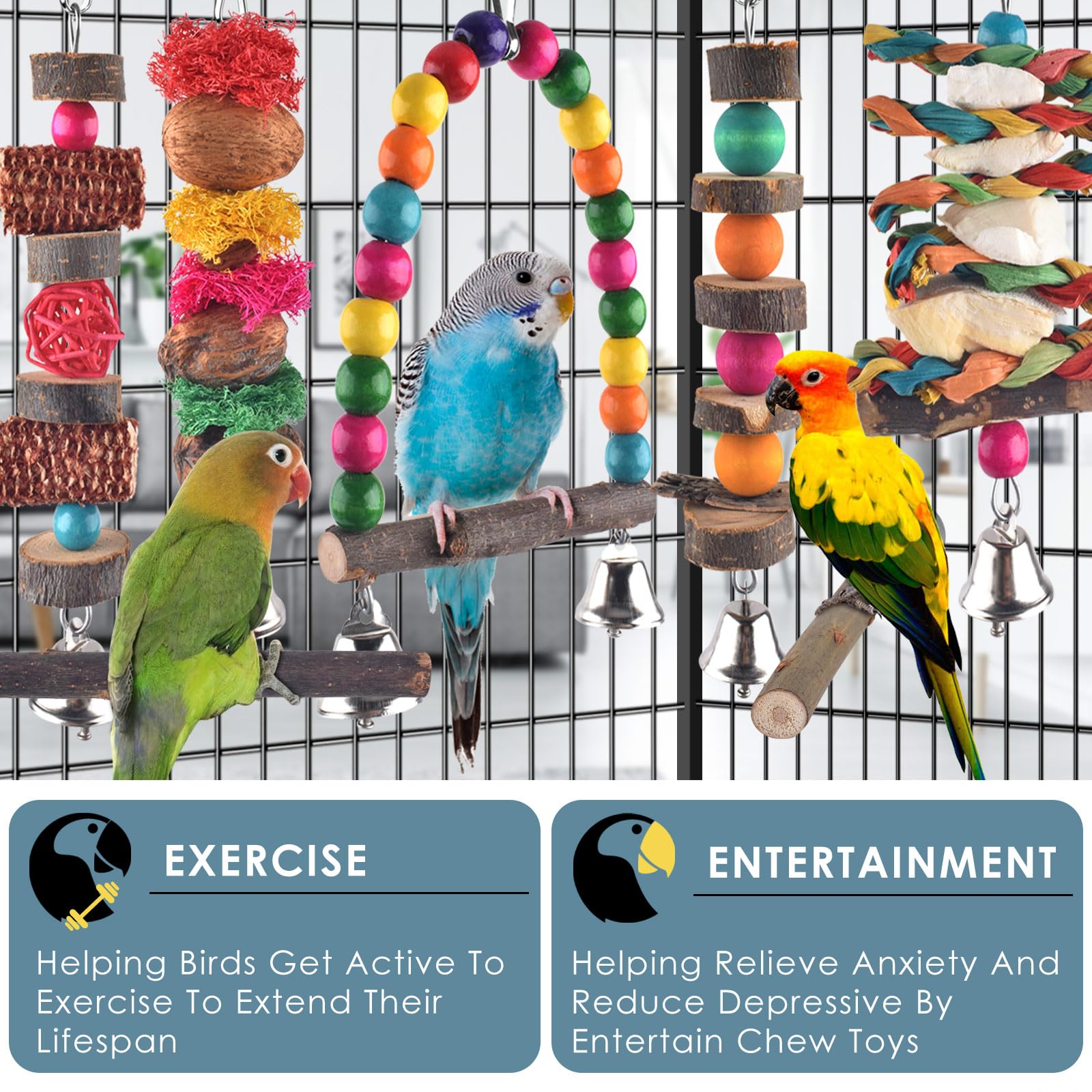 **7 Pack Bissap Bird Chew Toys - Natural Wood Parrot Hanging Cage Toys, Perch Stand for Small Birds - Conure, Cockatiel, Parrotlet, Lovebird, Budgie - Perfect for Cage Enrichment & Playtime**