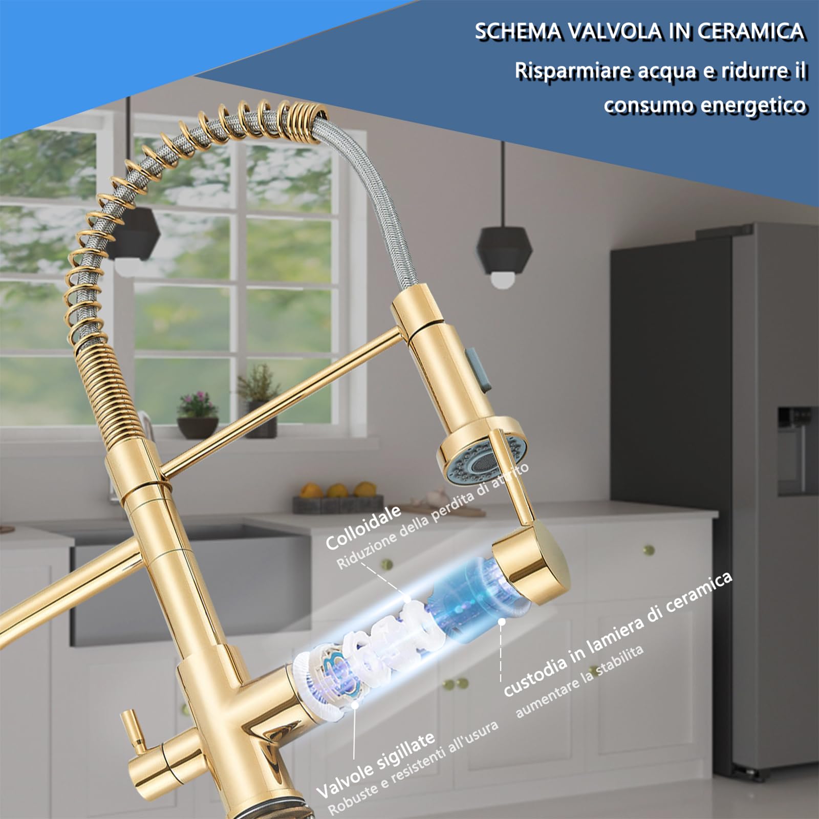 TVTIUO 3-Way Kitchen Faucet with Water Filter, Pull-Out Shower, 360° Swivel Spout, Brass Finish in Gold - Ideal for Modern Kitchens and Home Renovations