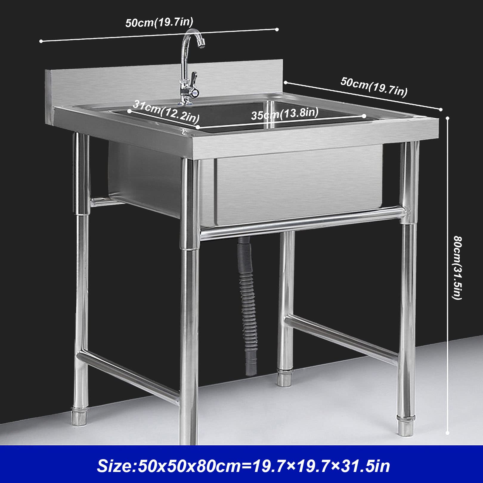 Premium 304 Stainless Steel Commercial Kitchen Sink with Faucet - Heavy Duty Free Standing Single Bowl Design with Strainer & Drain Pipe - Ideal for Restaurants, Food Trucks & Catering Businesses