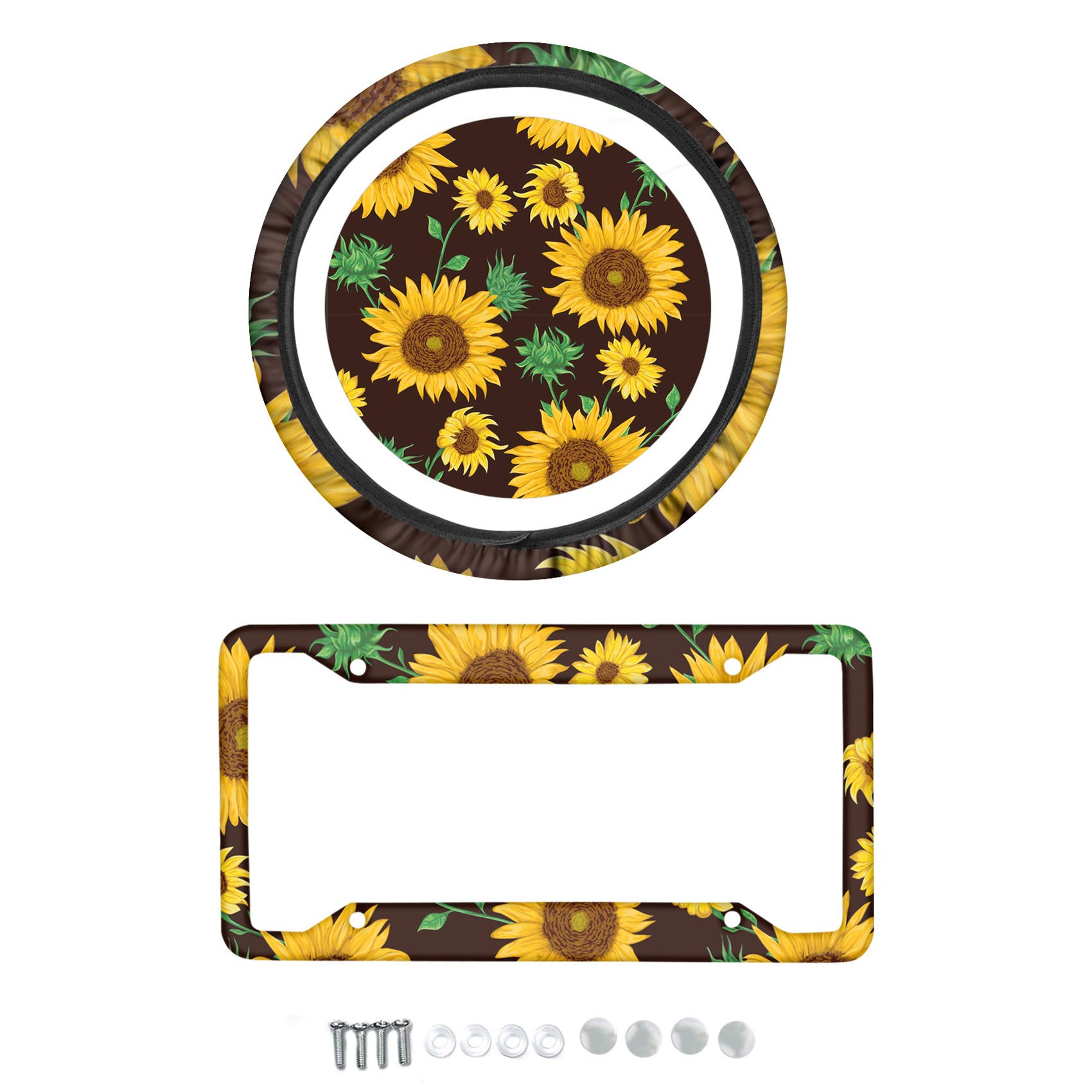 HUGS IDEA Universal Stretch Neoprene Steering Wheel Cover with License Plate Frame 2-Piece Set - Fits Most SUV, Sedan, Van & Truck - Field Sunflower Design | Comfort Grip & Sun Protection for Daily Driving & Road Trips