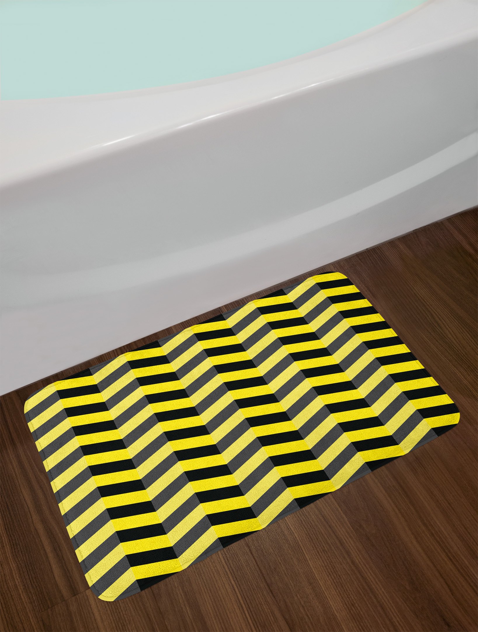 Ambesonne Non-Slip Plush Bath Mat - Yellow & Black Chevron Hazard Warning Design, 30.2 x 20 Inches, Soft Absorbent Bathroom Rug with Anti-Skid Backing - Perfect for Modern Bathrooms, Kids' Rooms & Laundry Areas