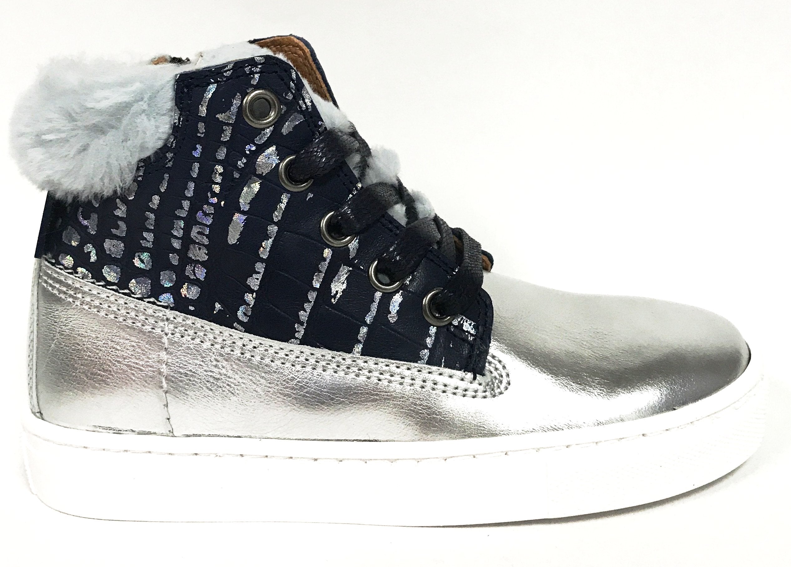 Premium Atlanta Moccasin High Top Shoes - Silver/Blue Faux Fur Lined Winter Boots for Men & Women | Cozy Indoor/Outdoor Slip-On Comfort for Cold Weather, Casual Wear & Street Style Fashion