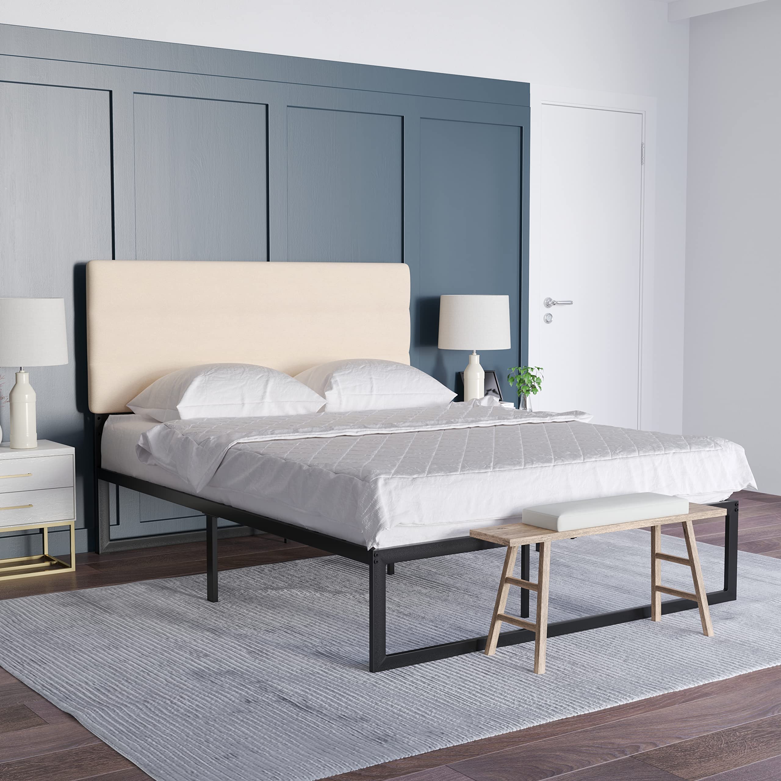 EMMA + OLIVER Gannon Queen Upholstered Headboard - Cream Fabric, Adjustable Height, Easy 30-Min Assembly - Fits Most Bed Frames (Not Included) - Perfect for Master Bedrooms, Guest Rooms & Apartment Decor