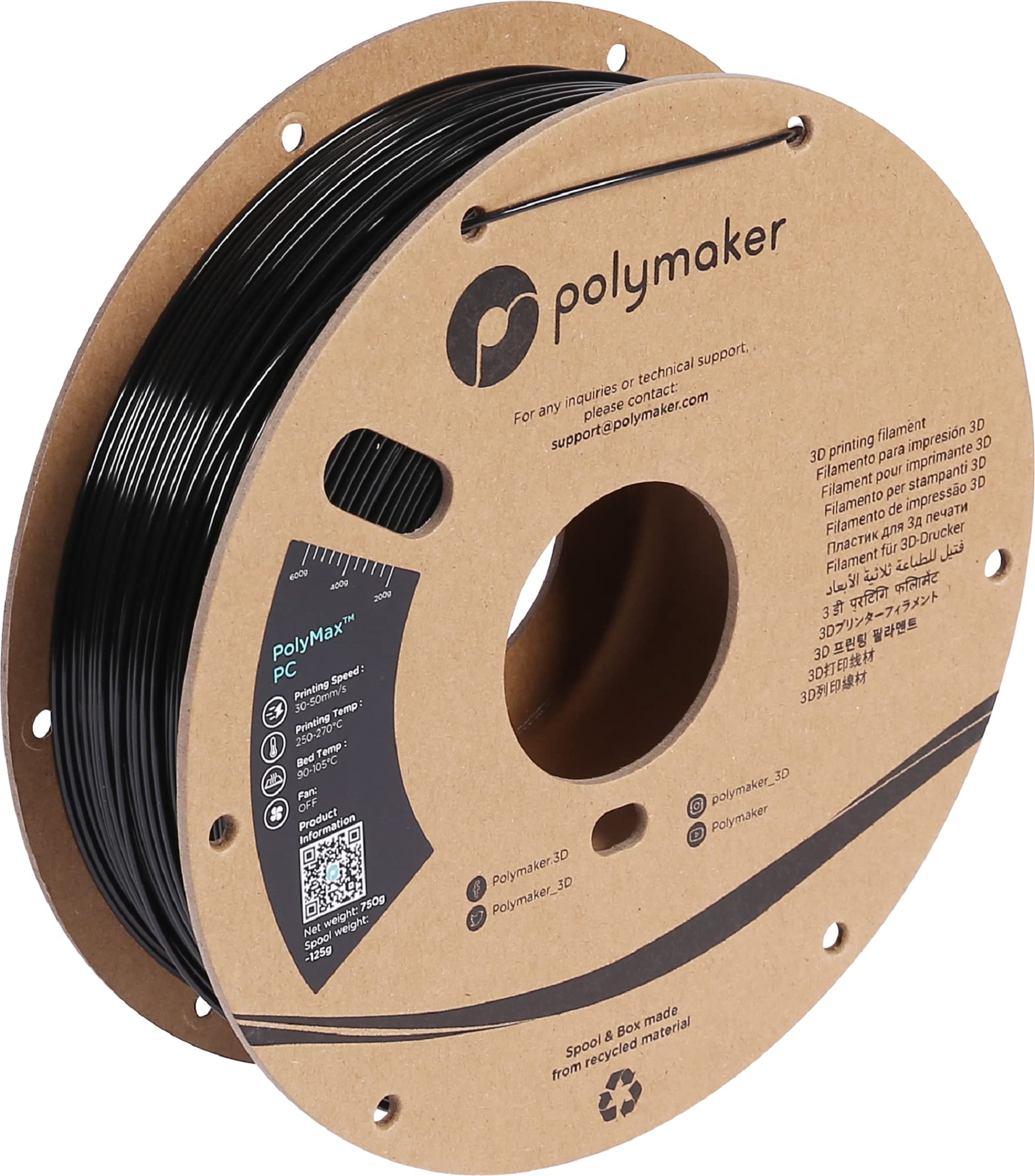 **Polymaker Tough PC Filament 1.75mm - Black Polycarbonate 3D Printer Filament (750g, Cardboard Spool) | High Heat & Impact Resistant | Ideal for Functional Prototypes, Automotive & Engineering Parts**