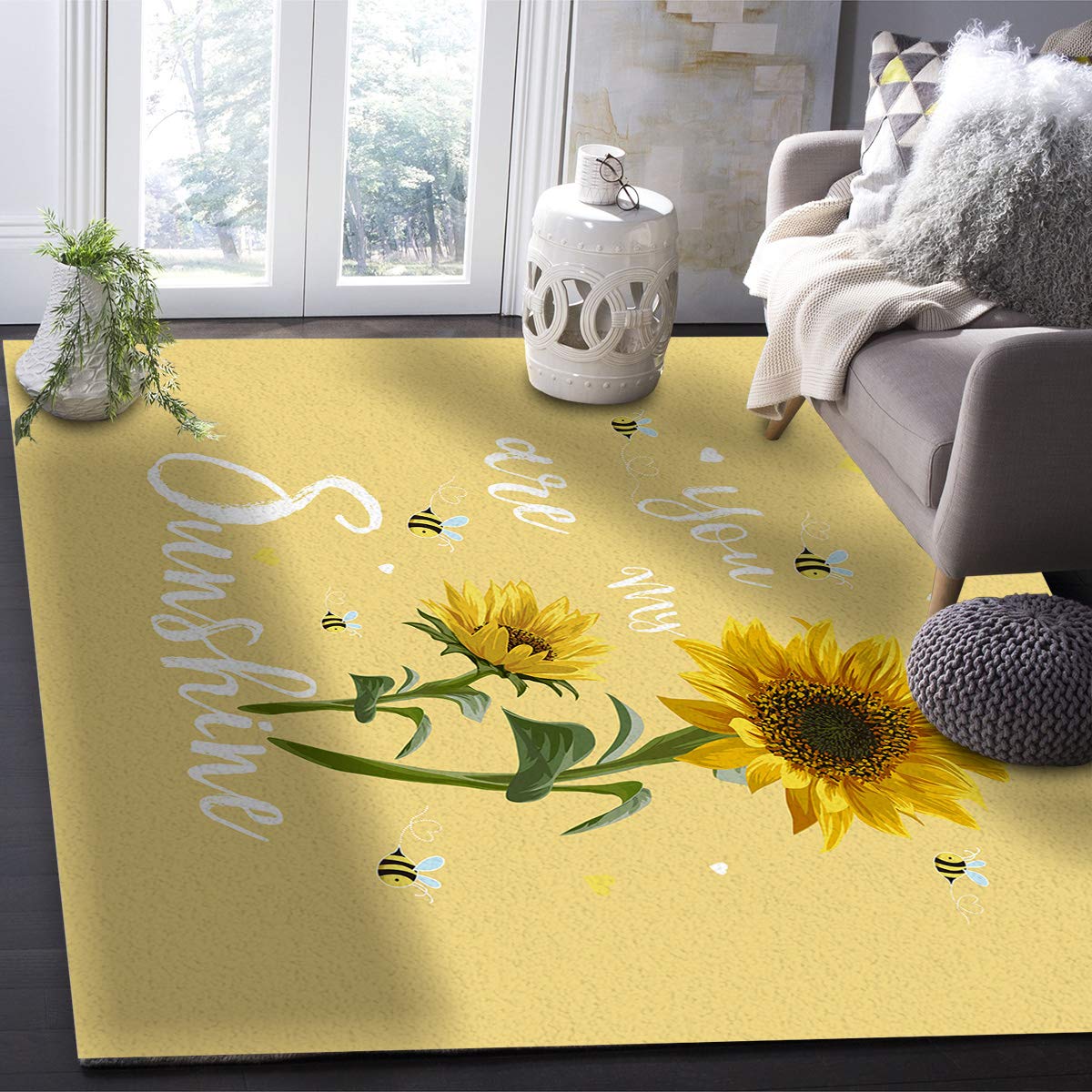 Non-Slip 2.7' x 5' Farmhouse Sunflower Bee Area Rug - Yellow Modern Throw Carpet for Living Room, Bedroom, Nursery - Cozy Home Decor & Perfect for Farmhouse, Boho or Country Style Interiors