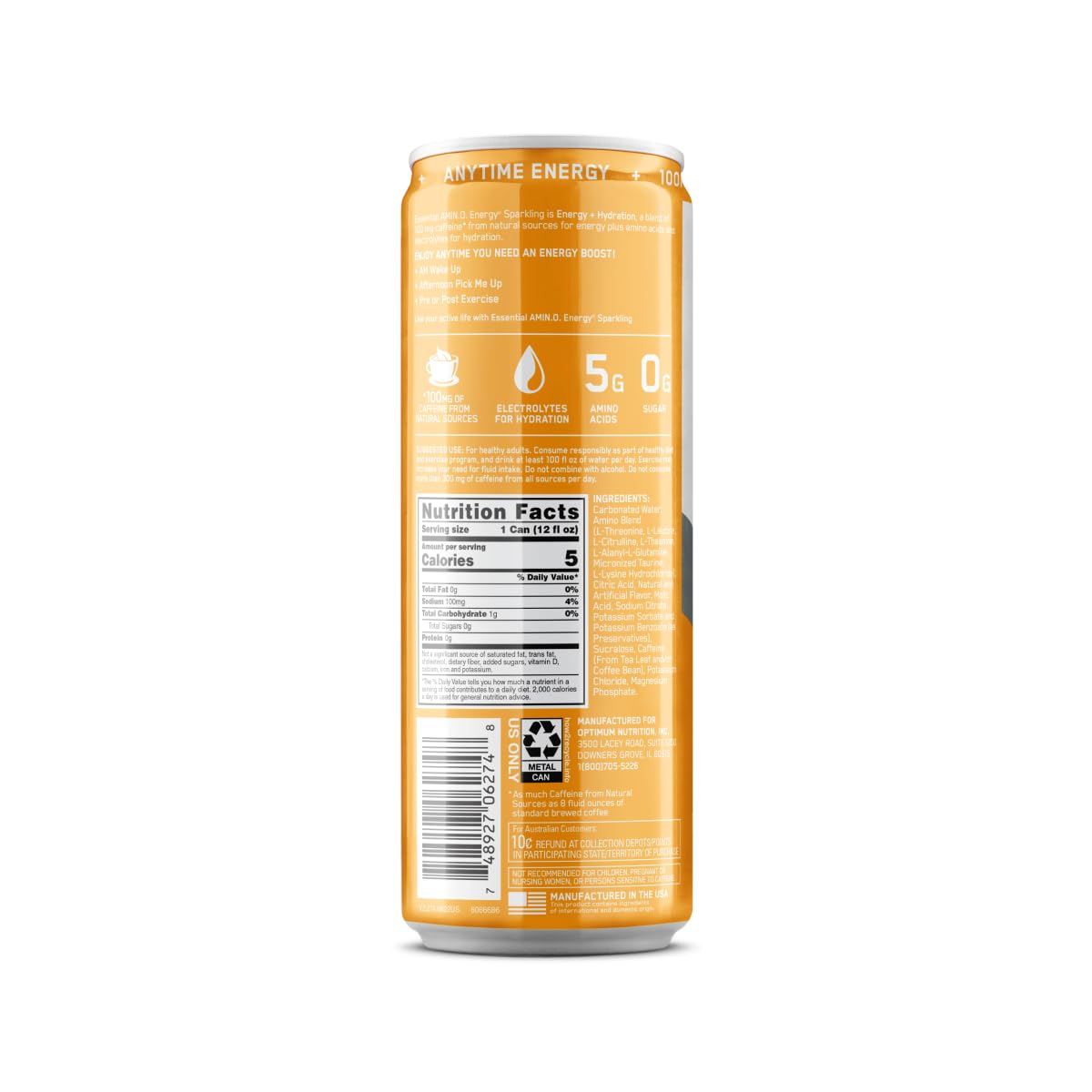 Optimum Nutrition Amino Energy Sparkling Hydration Drink with Electrolytes, Caffeine & BCAAs - Sugar Free Mango Pineapple Limeade Flavor, 12 Fl Oz (12 Pack) - Perfect for Workouts, Recovery & Energy Boost