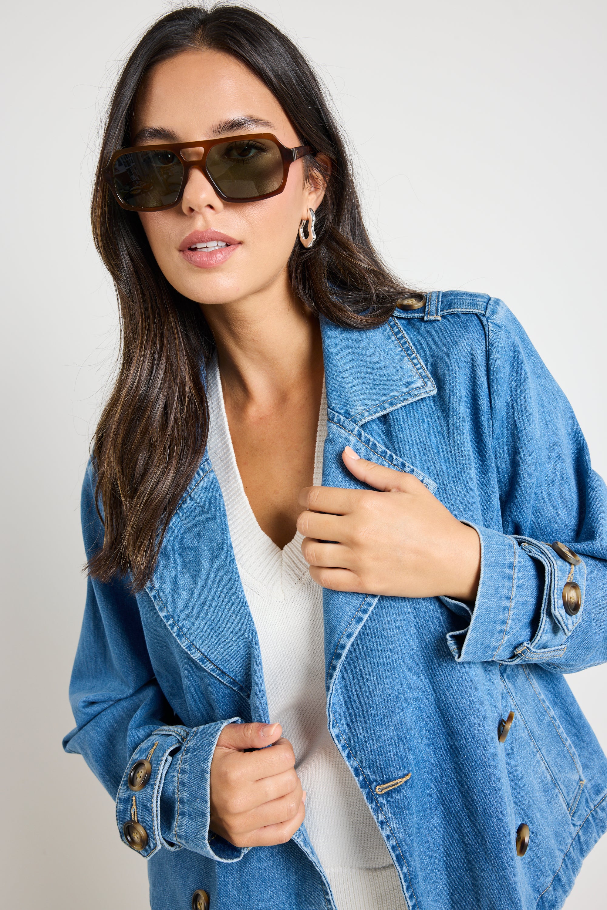 Heritage Storm Blue Cropped Denim Trench Jacket - Vintage Style Women's Denim Coat for Casual Outfits & Streetwear Fashion