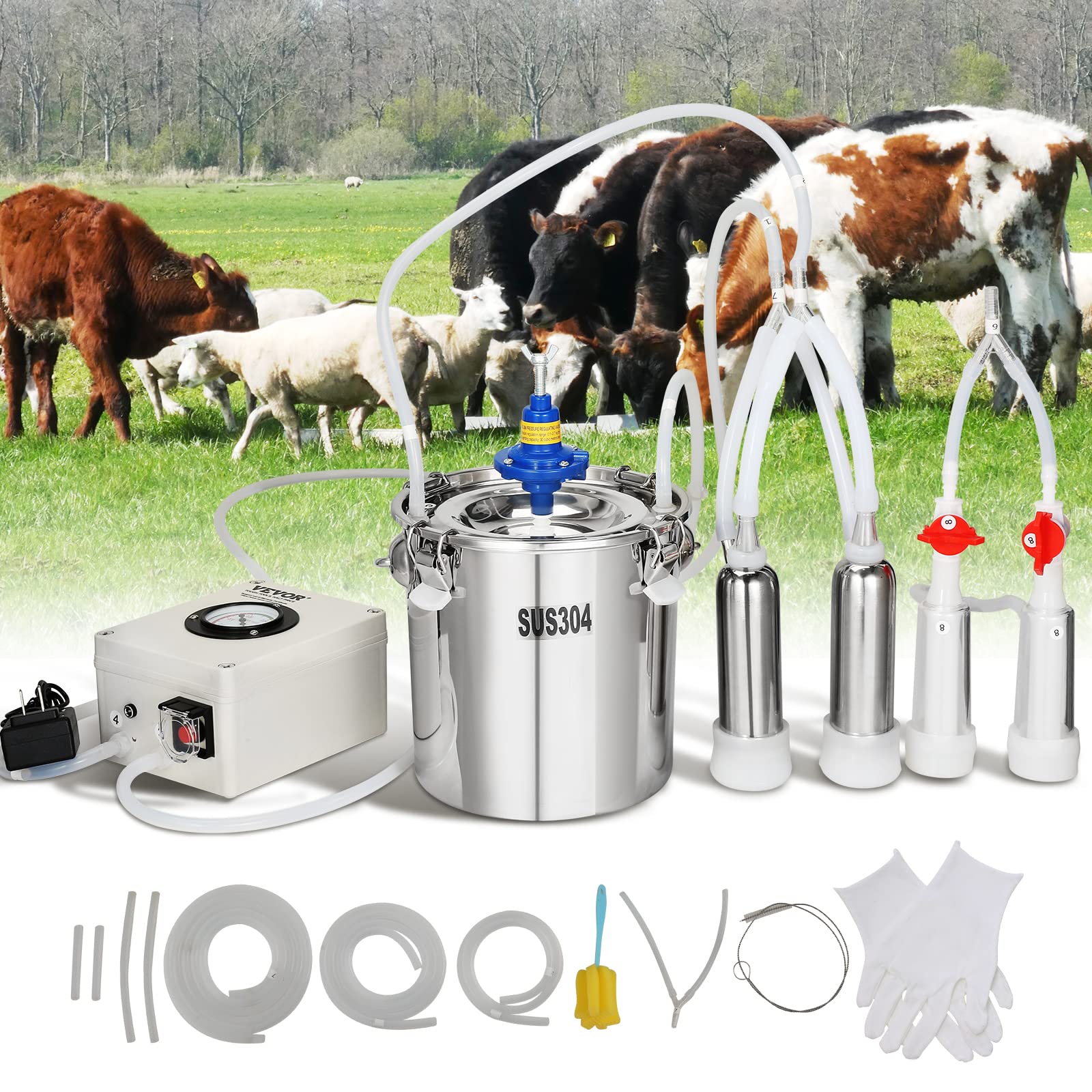 VEVOR Electric Goat Milking Machine - 6L 304 Stainless Steel Bucket, Automatic Pulsation Vacuum Milker with Food-Grade Silicone Cups & Tubes, Adjustable Suction for Cows, Sheep & Goats - Portable Dairy Equipment for Small Farms & Homesteads