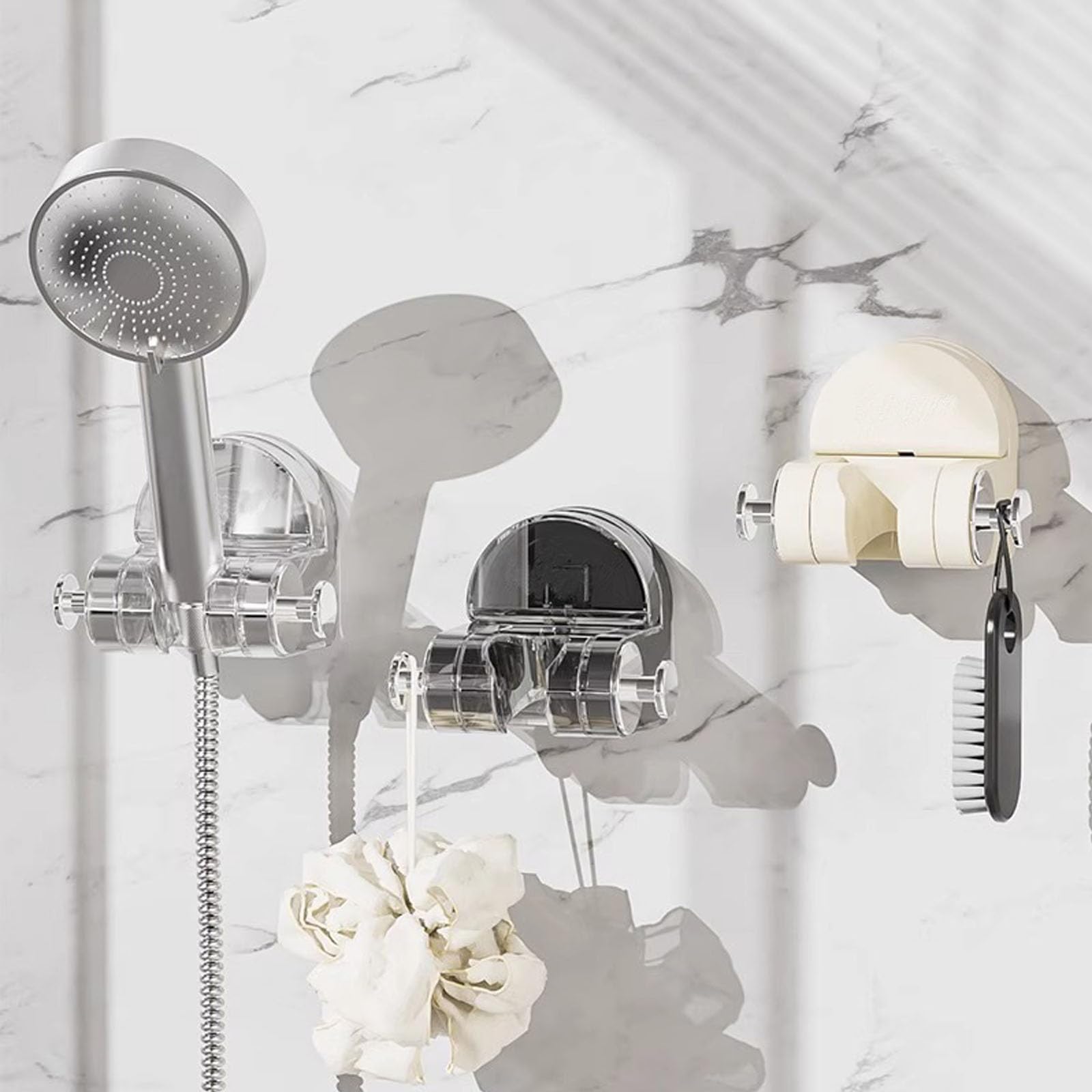 Belaudo Shower Holder with Strong Suction Cup - Wall Mount Shower Head Holder for Bathroom - White A - Perfect for Hands-Free Showering & Bathroom Organization